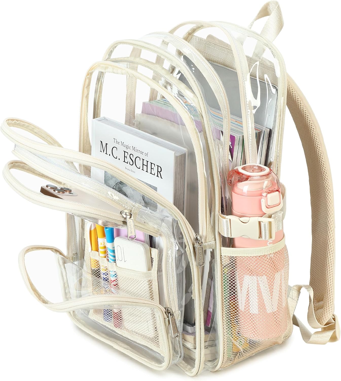 abshoo Large Heavy Duty Girls Clear Backpack for School Bookbag Transparent Multi Pocket Backpacks for Women (Beige) - Image 3