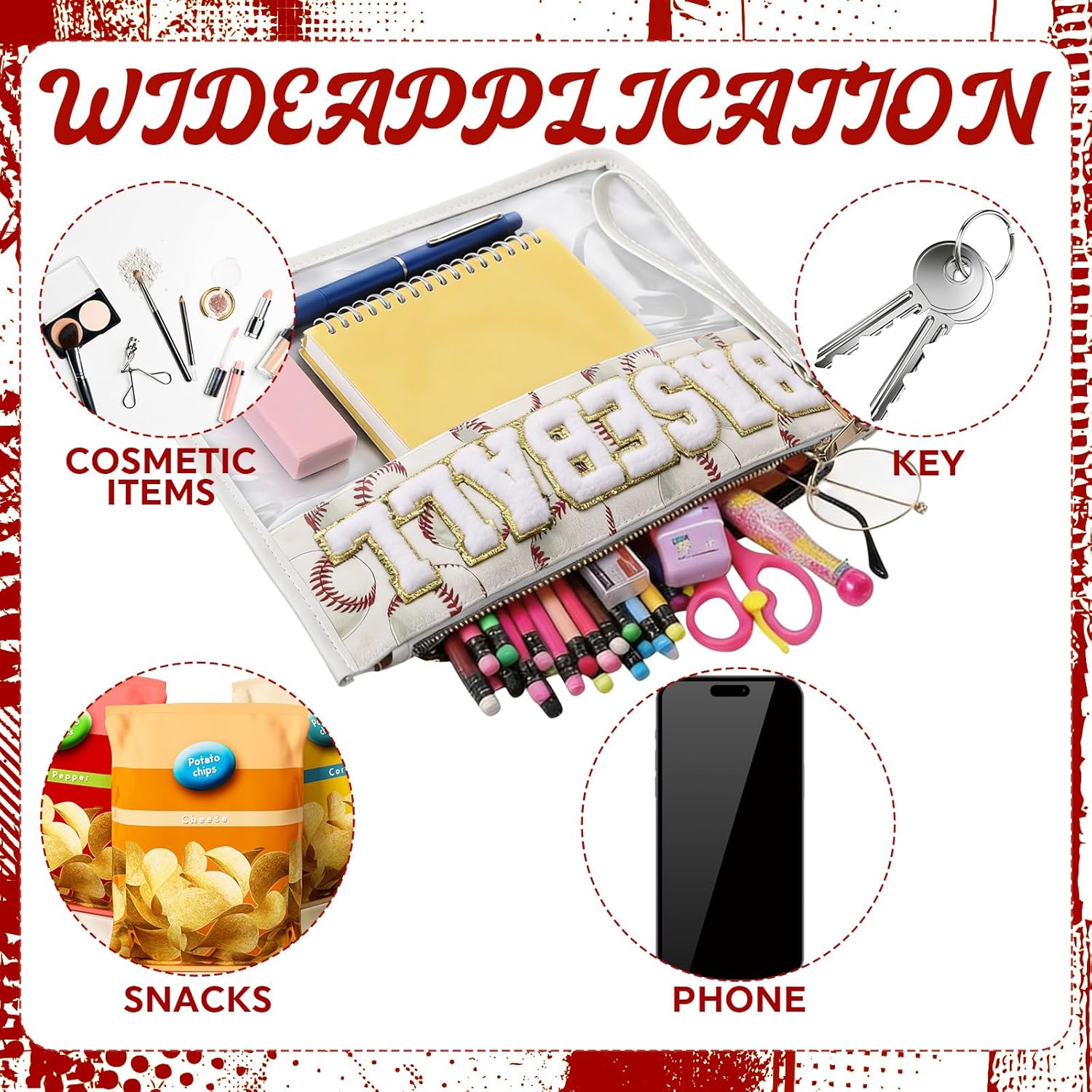 3 Pcs Baseball Gifts Cosmetic Makeup Bag with Chenille Letter Clear Baseball Pouch PVC Organizer Purse Waterproof Travel Bag Portable Toiletry Storage Purse for Player Travel Party Supplies