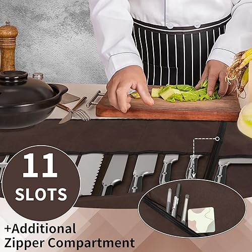 Miniatura 10 de Bolsa de rollo para cuchillos de chef mejorada, funda impermeable de lona encerada para cuchillos de hasta 18 pulgadas, soporte portátil para