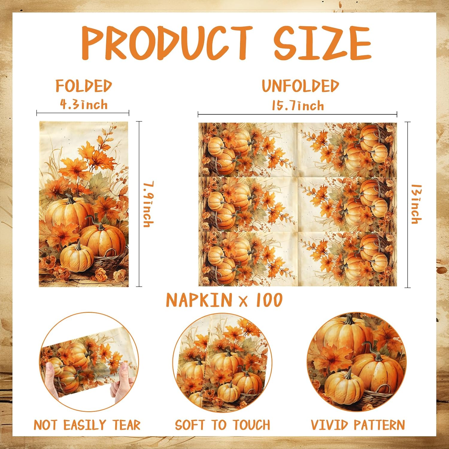 100Pcs Fall Pumpkin Paper Napkins Watercolor Floral Thanksgiving Napkins Fall Party Decorations Orange Autumn Luncheon Napkin Disposable for Harvest Wedding Birthday Party Dinner Kitchen Bathroom