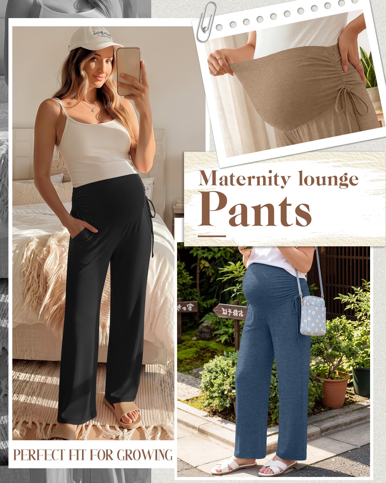 Neer Confezione da 3 pantaloni premaman da donna sopra la pancia, pantaloni larghi per gravidanza, elasticizzati, a gamba larga, con tasche