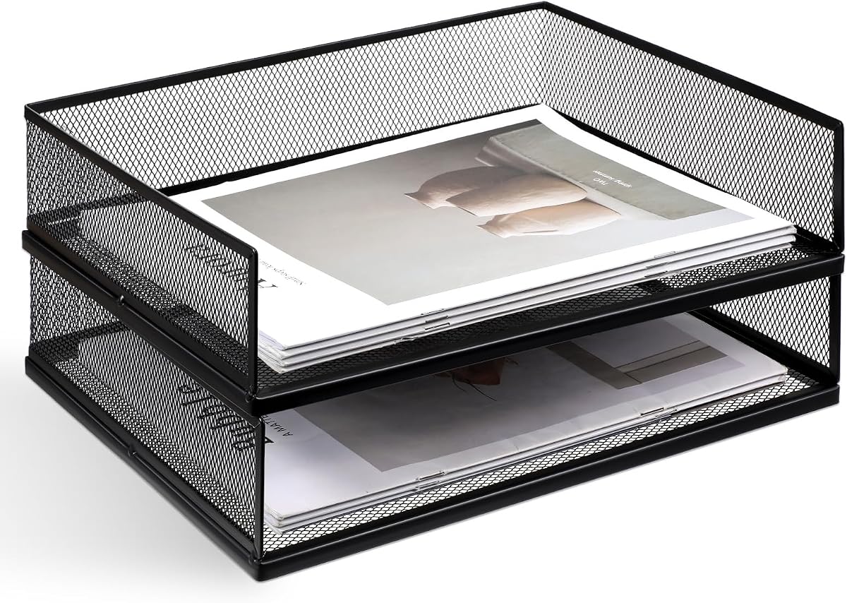 2 Pack Stackable Letter Tray, Wire Mesh Desk File Organizer Metal Desktop Paper Sorter Desk Tray Document Magazine Storage Basket for Home Office Supplies - Transverse Load, Black