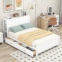 Vista 19 de RUNNA Elegante cama de plataforma de tamaño Queen con estantes extraíbles, cama de almacenamiento de madera con nido de tamaño individual