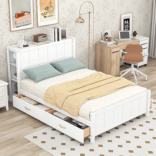 Miniatura 105 de Cama de plataforma de tamaño Queen con cabecero y cajones, marco de cama de plataforma de madera maciza con estantes, puertos USB y enchufes, marco