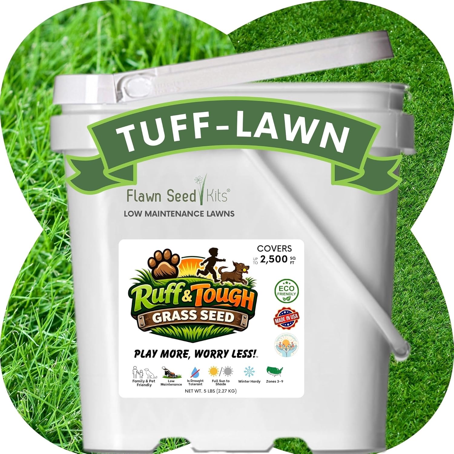 Flawn Seed Kits Ruff and Tuff Mow Less Fescue Grass Seed, 5 Lbs, Low Maintenance, Family Friendly, Pail with Handle, Covers up to 2500 Sqft