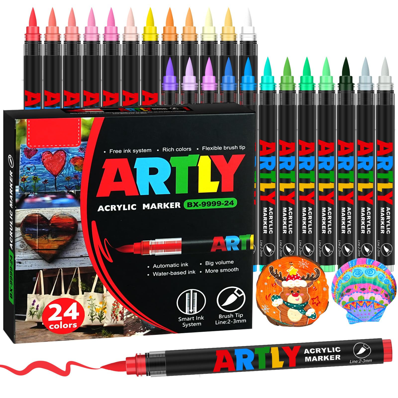 Efimeso 24 Colores de Rotuladores Acrílicos, Acrylic Markers a Base de Agua Marcadores Acrilicos Punta Pincel para Pintar Rocas, Cerámica, Madera, Tela y Lienzo