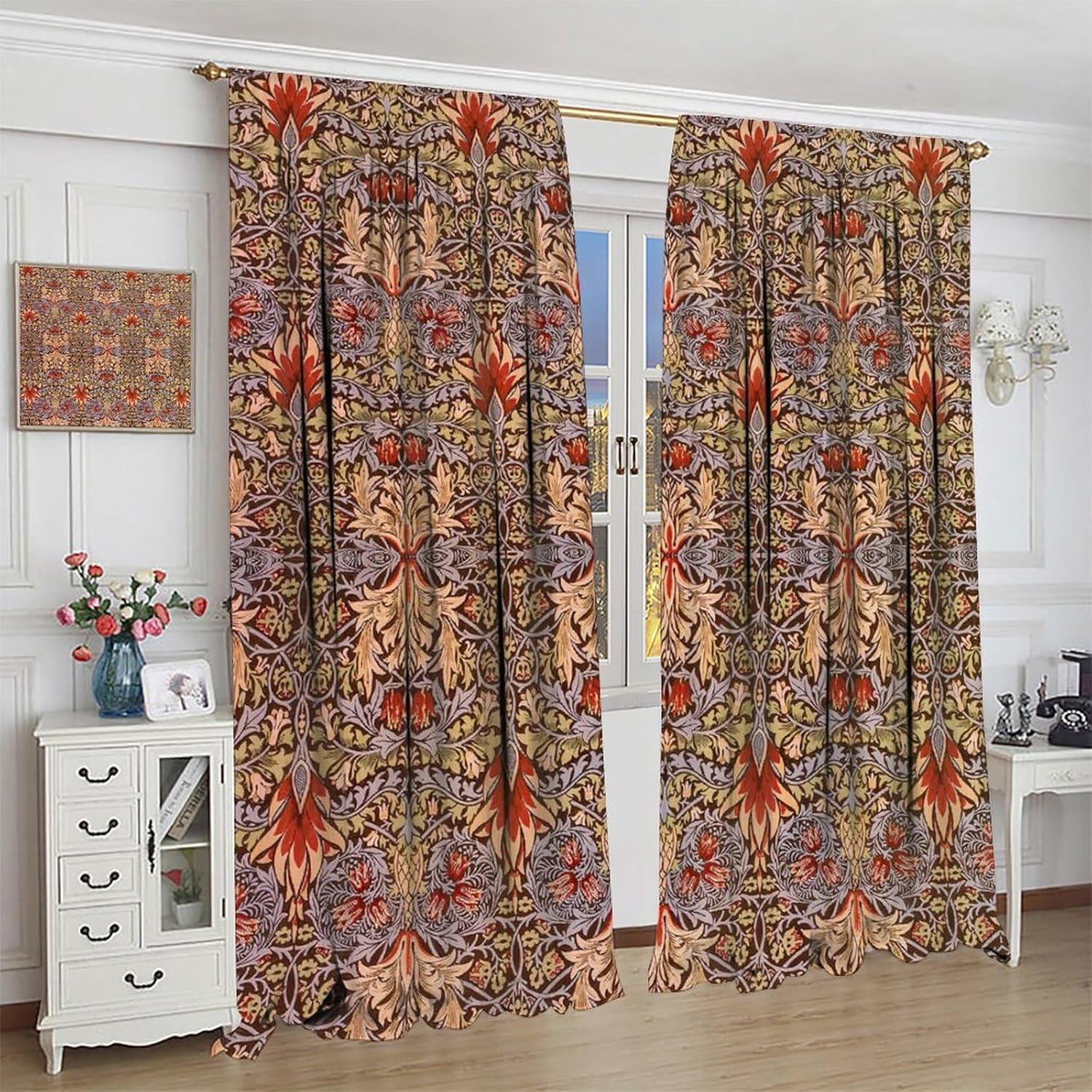 Vintage Floral Curtains, William Morris Flower Original Design Printed Rustic Bohemian, Blackout Curtains for Bedroom Living Room 21" W x 45" L X2