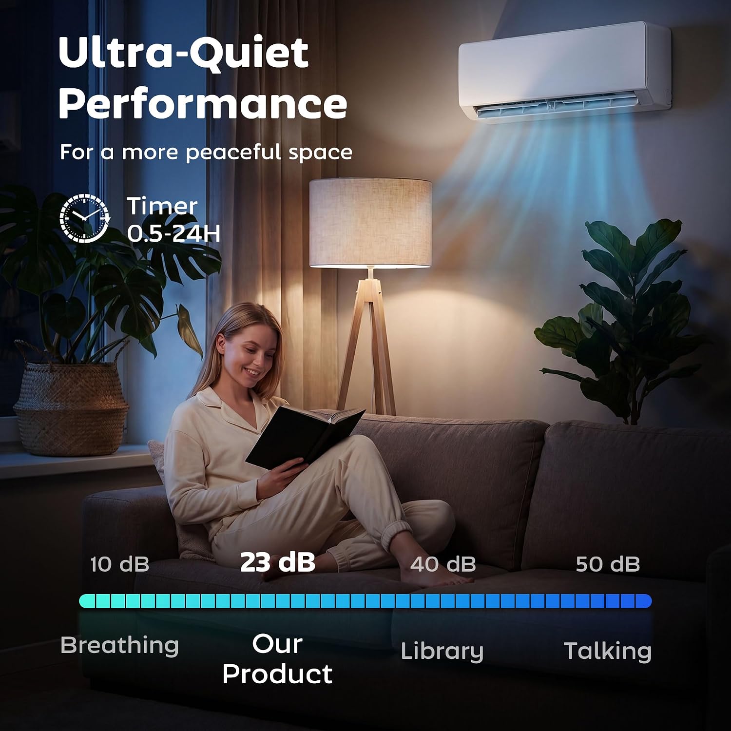 A person reading quietly in a living room with the mini split air conditioner operating, illustrating its ultra-quiet performance at 23 dB.