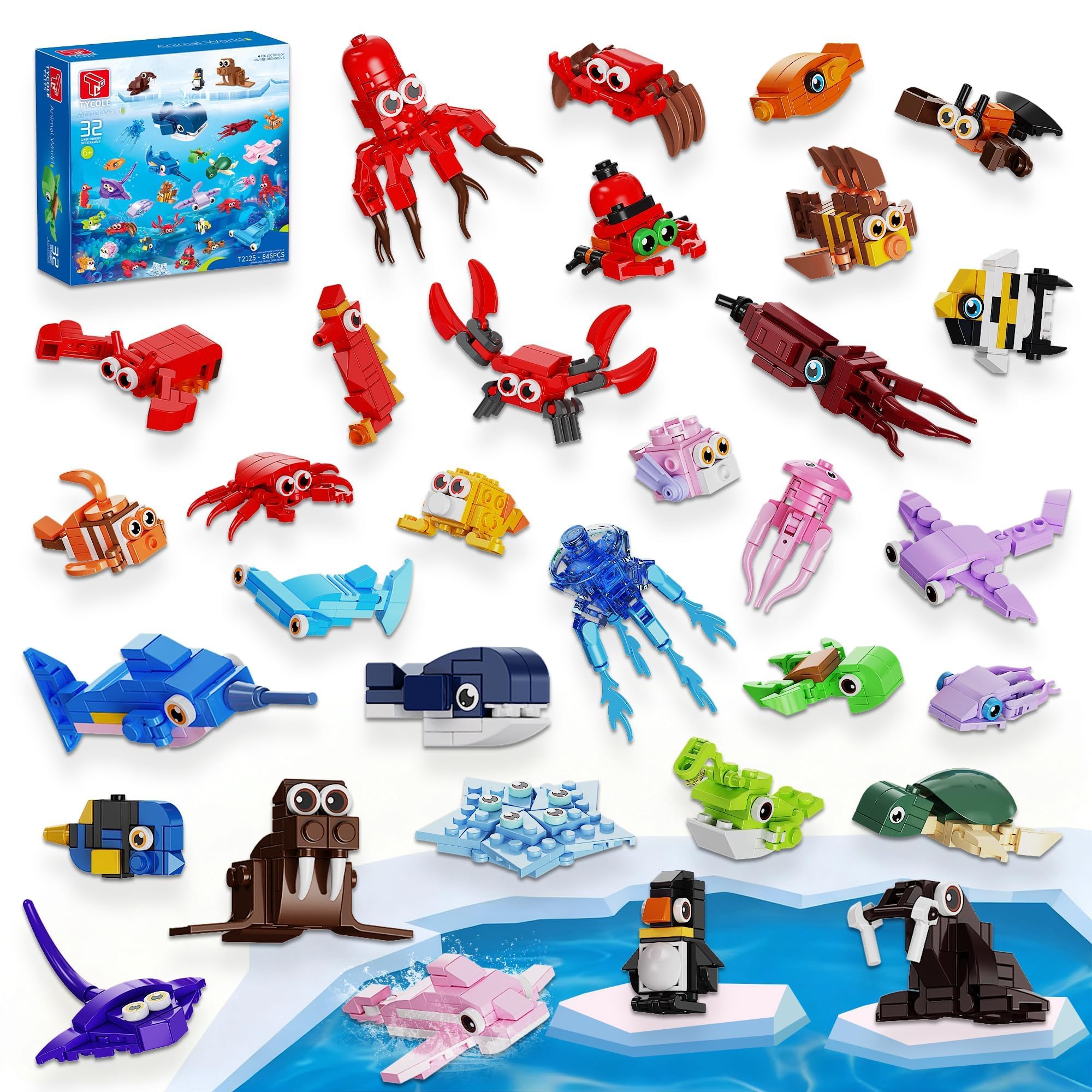 TYCOLE 32 Lotes Bloques Construcción Animales Marinos Mini