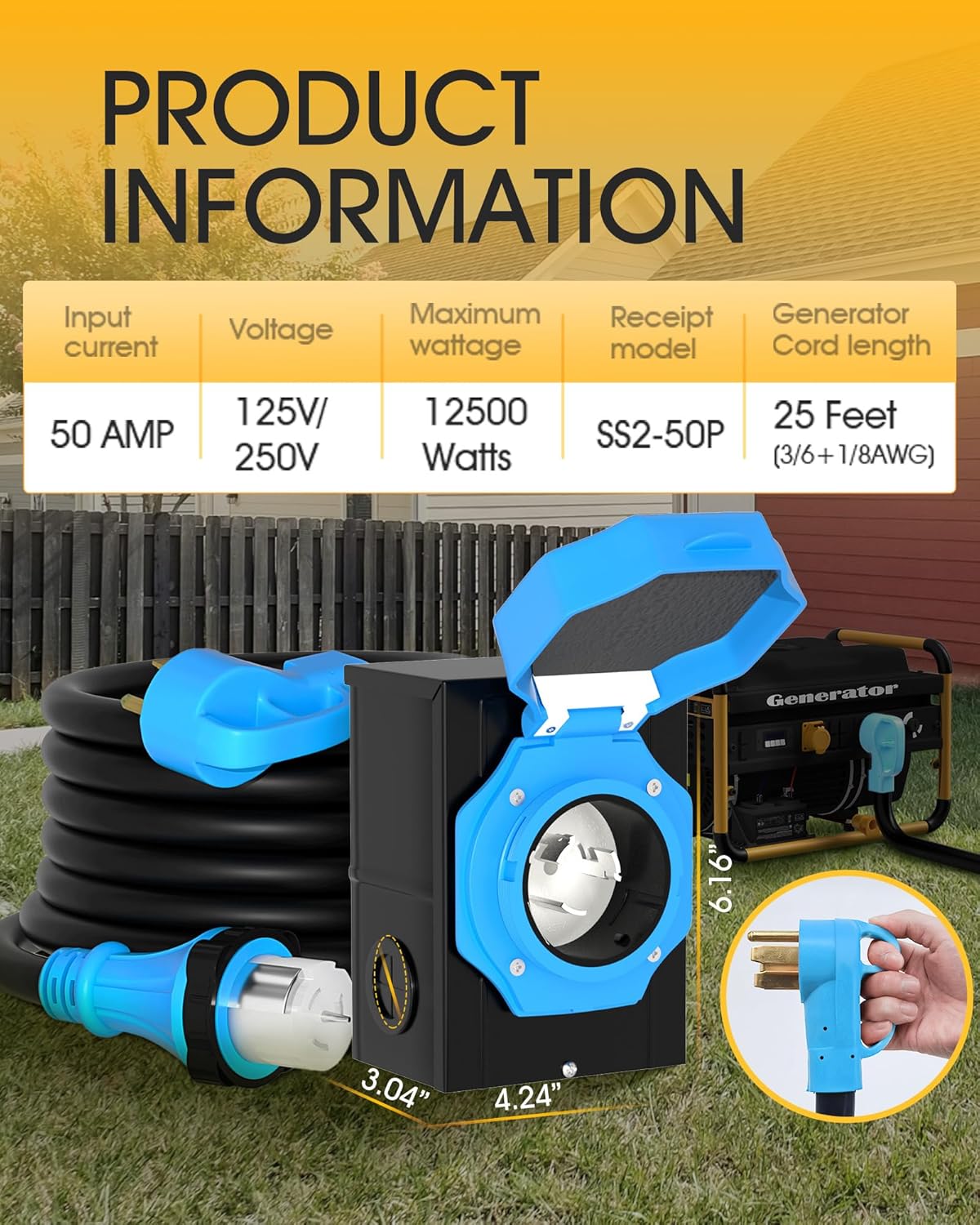 Marsflex 50 Amp Generator Cord and Power Inlet Box and Generator Interlock kit