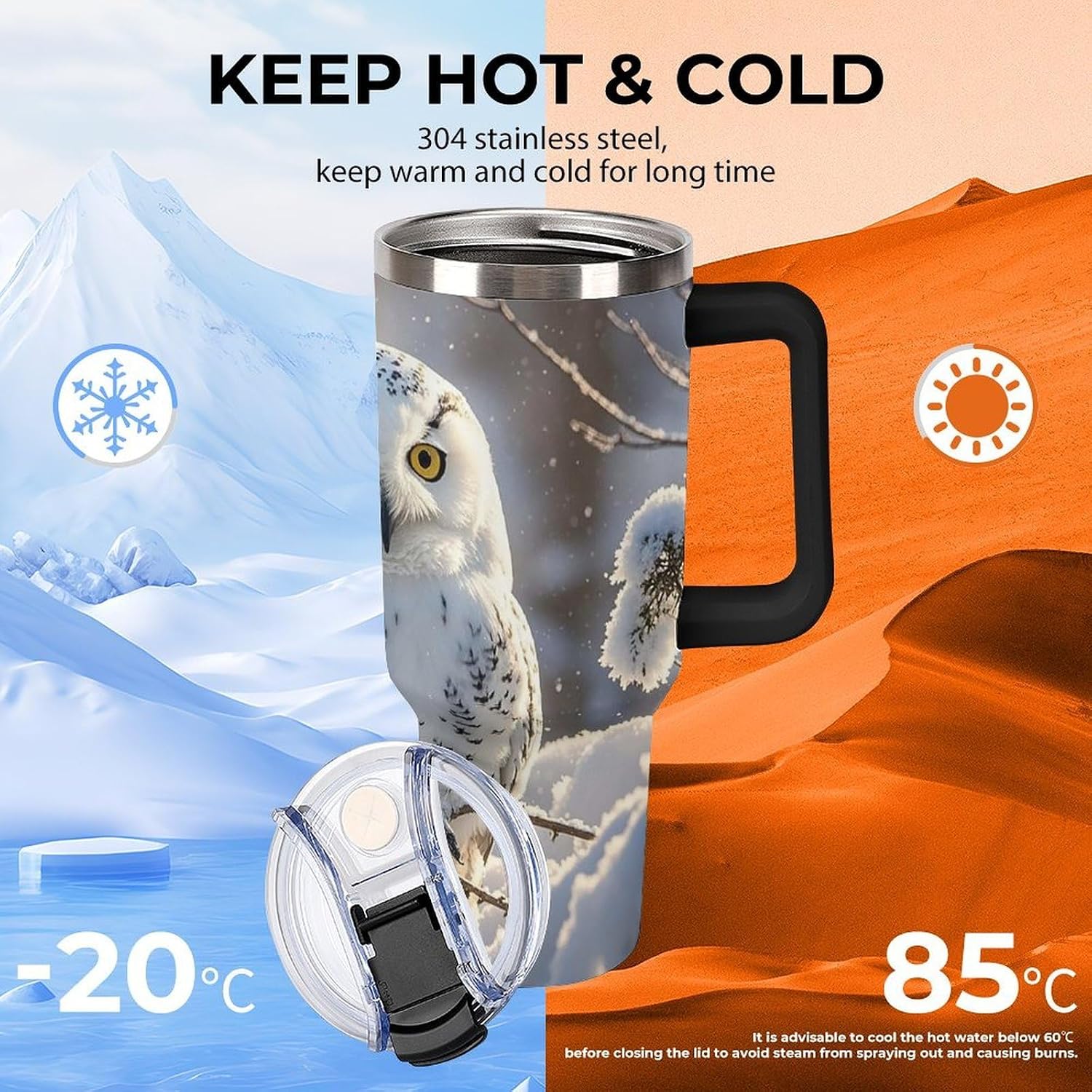 40oz Large Capacity Car Cup Winter White Owl Tumbler Double Wall Vacuum Insulated Water Bottle Leak-proof Tumbler with Handle And Straw Insulated Cup Travel Mug