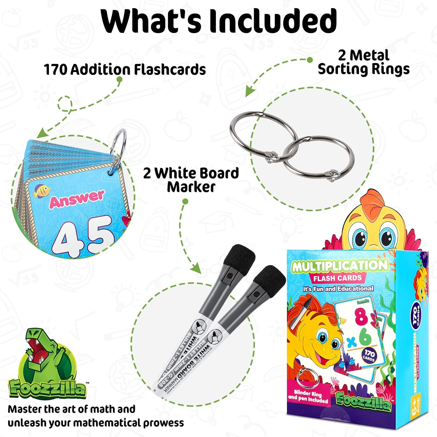 FOOZZILLA Math Flash Cards – 170-Pack Multiplication Flash Cards for Kids – Hole-Punched Flashcards with 2 Binder Rings and 2 Markers – Fun and Educational Learning Tools for Children 8+ Old