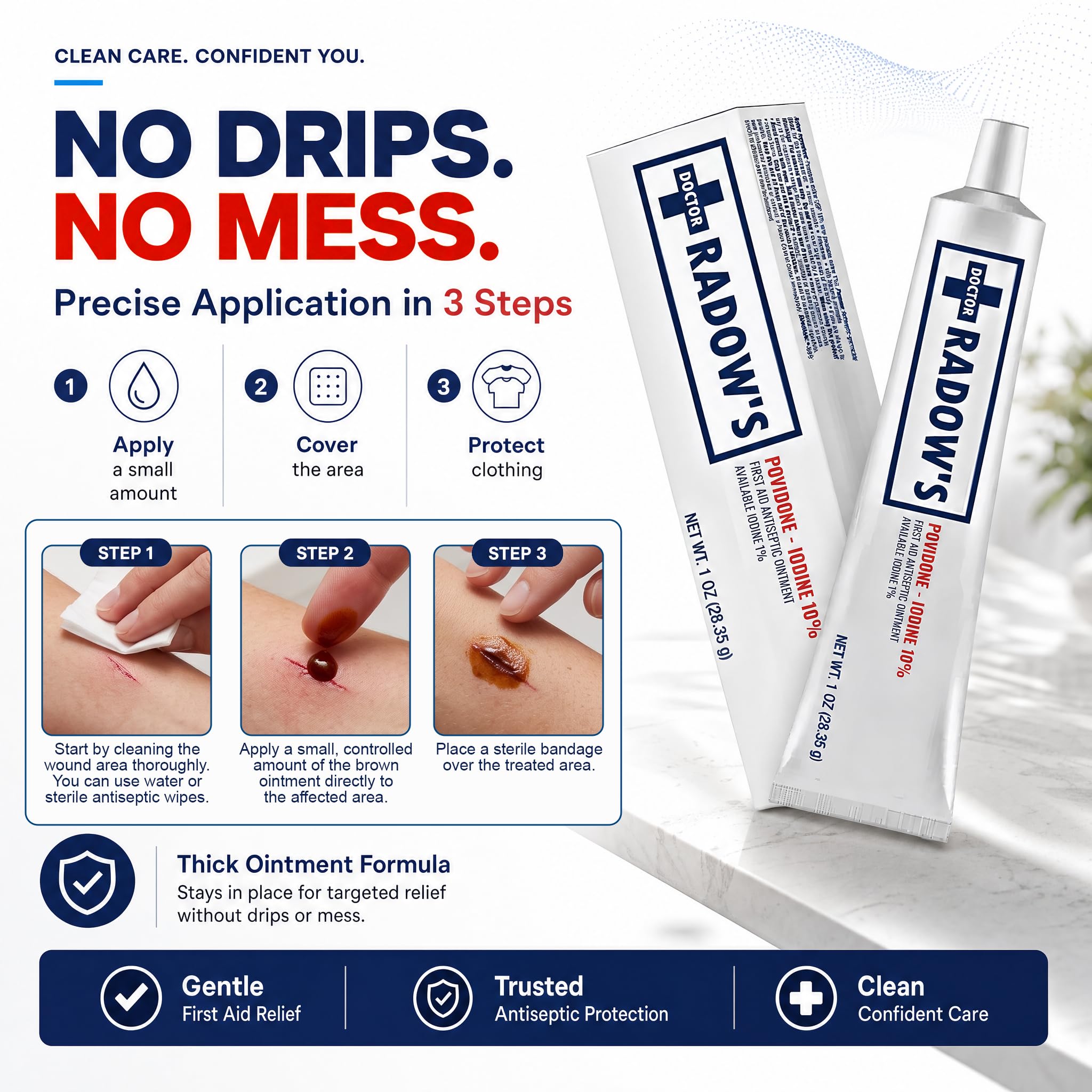Doctor Radow's Ungüento antiséptico de povidona yodada, 10% povidona yodada, cuidado de heridas sin antibióticos para quemaduras, cortes y más, promueve la curación, para uso doméstico y médico,