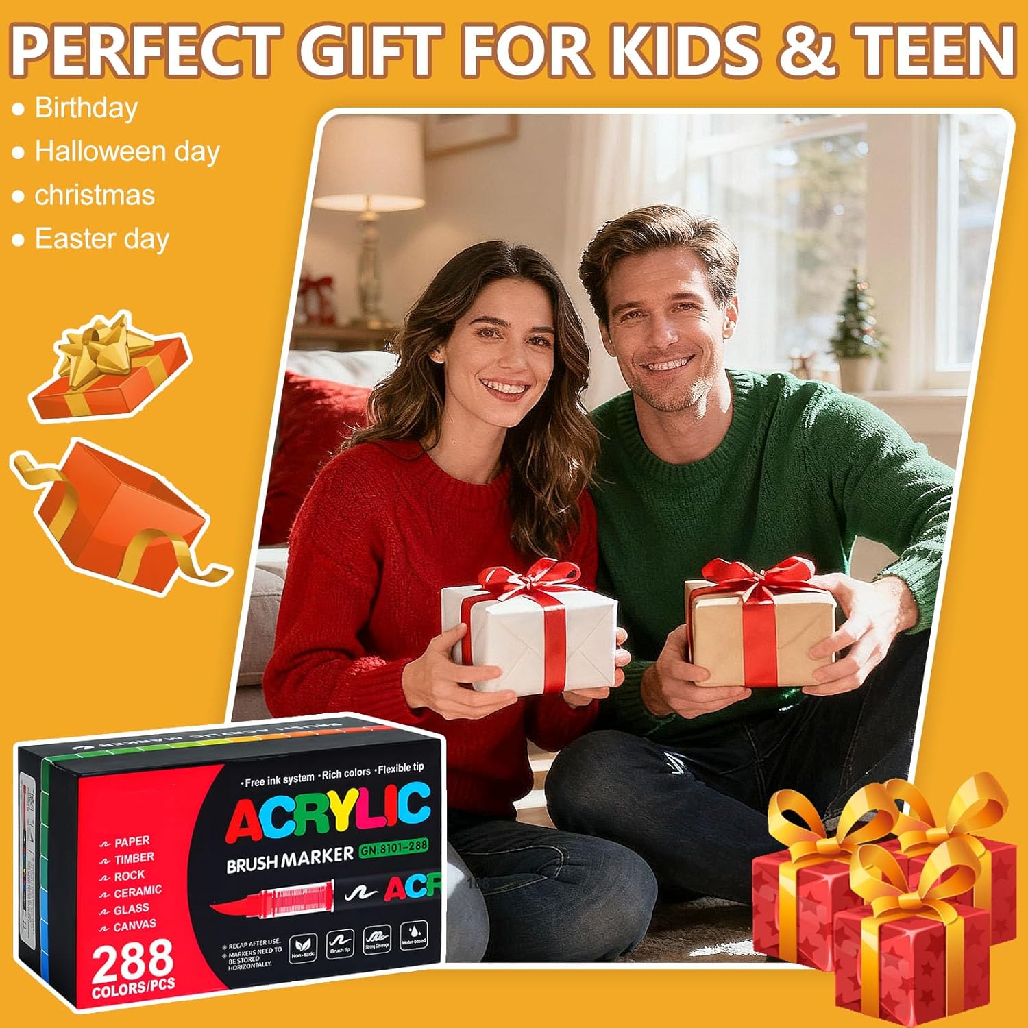 Lot de 288 Acrylic Paint Pens · Marqueurs Acryliques à Pointe Pinceau · Stylo Peinture Acrylique Adulte · Encre à l'Eau pour Surfaces Multiples : Pierre, Verre, Tissu, Bois, Toile · Idée Cadeau — vue 5