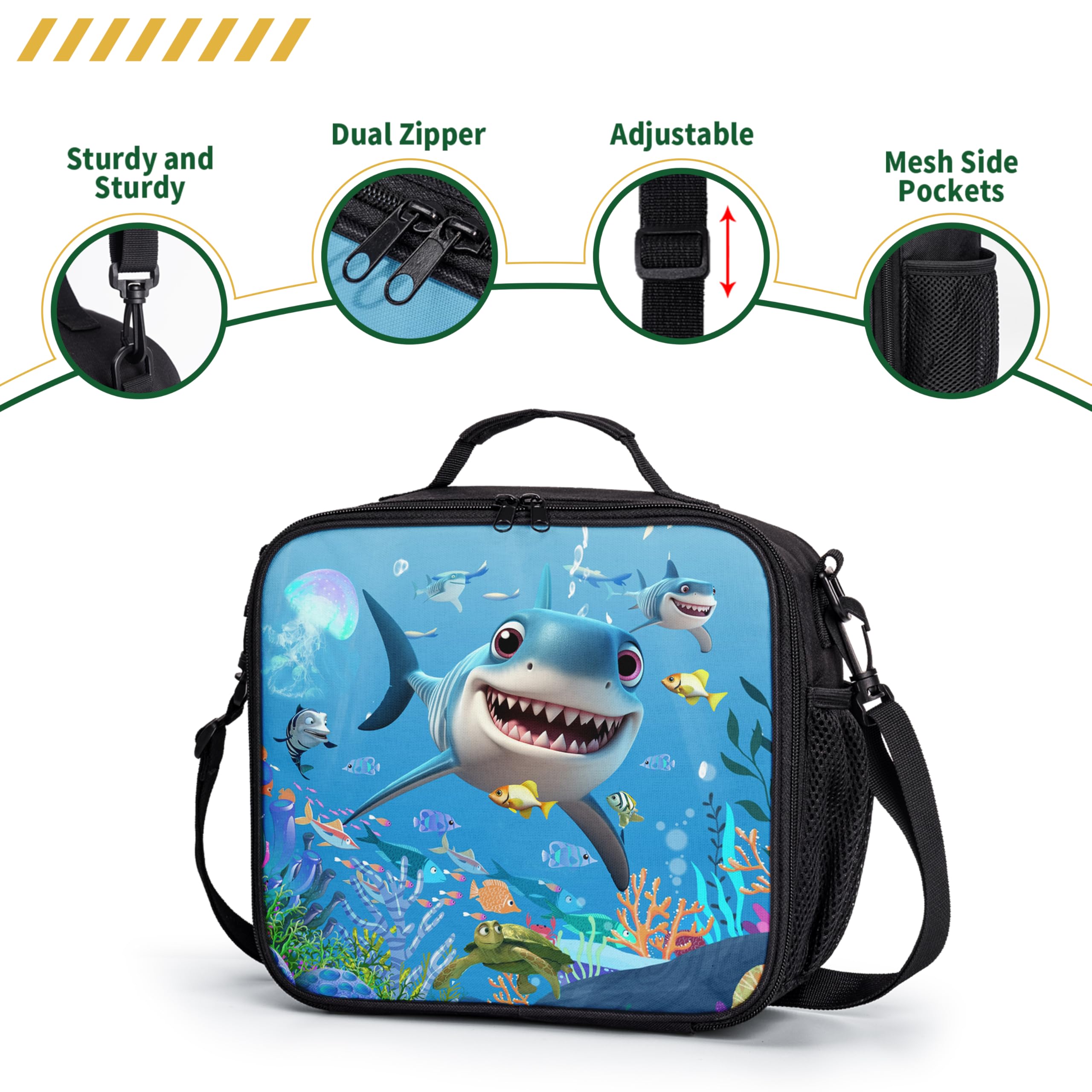 Shark Lunchbox für Kinder, Motiv: blauer Ozean, für Jungen und Mädchen, isolierte Lunchtasche mit verstellbarem Riemen, Thermo-Lunchbox für Schule, Picknick, Outdoor
