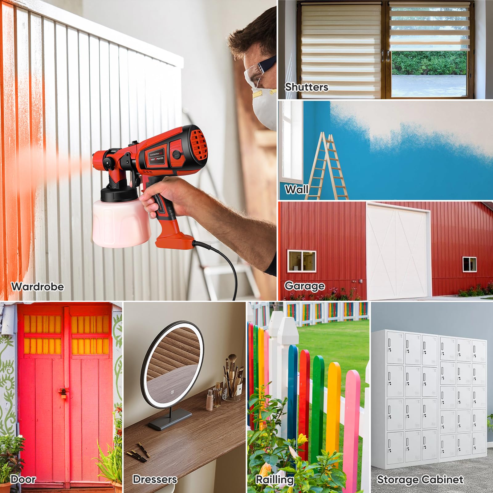 Pistola de Pintura, Pistola de Pintura Eléctrica HVLP 800W con 4 Boquillas Cobre 3 Patrones, Capacidad 1400ml Flujo Ajustable para Paredes Interior Exterior Vallas Techos Muebles, Rojo