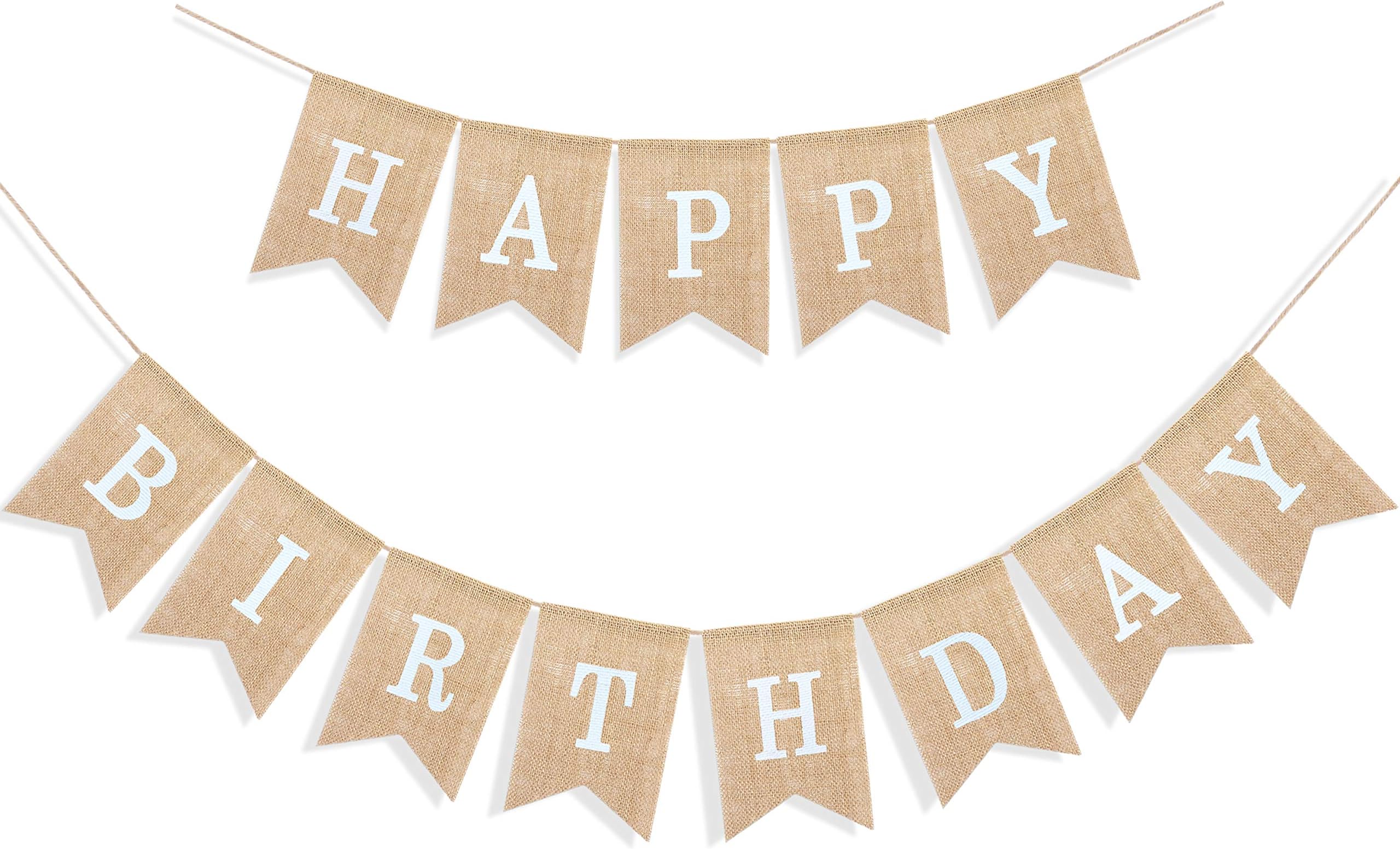 Uniwish Happy Birthday Burlap Banner Neutral Happy Birthday Party Decorations Boho Rustic Bunting Sign Swallowtail Flags, 2 in 1