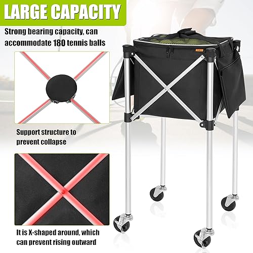 Miniatura 3 de Carrito plegable para pelotas de tenis con capacidad para 180 pelotas de tenis con ruedas, carros de enseñanza deportivos con bolsa de