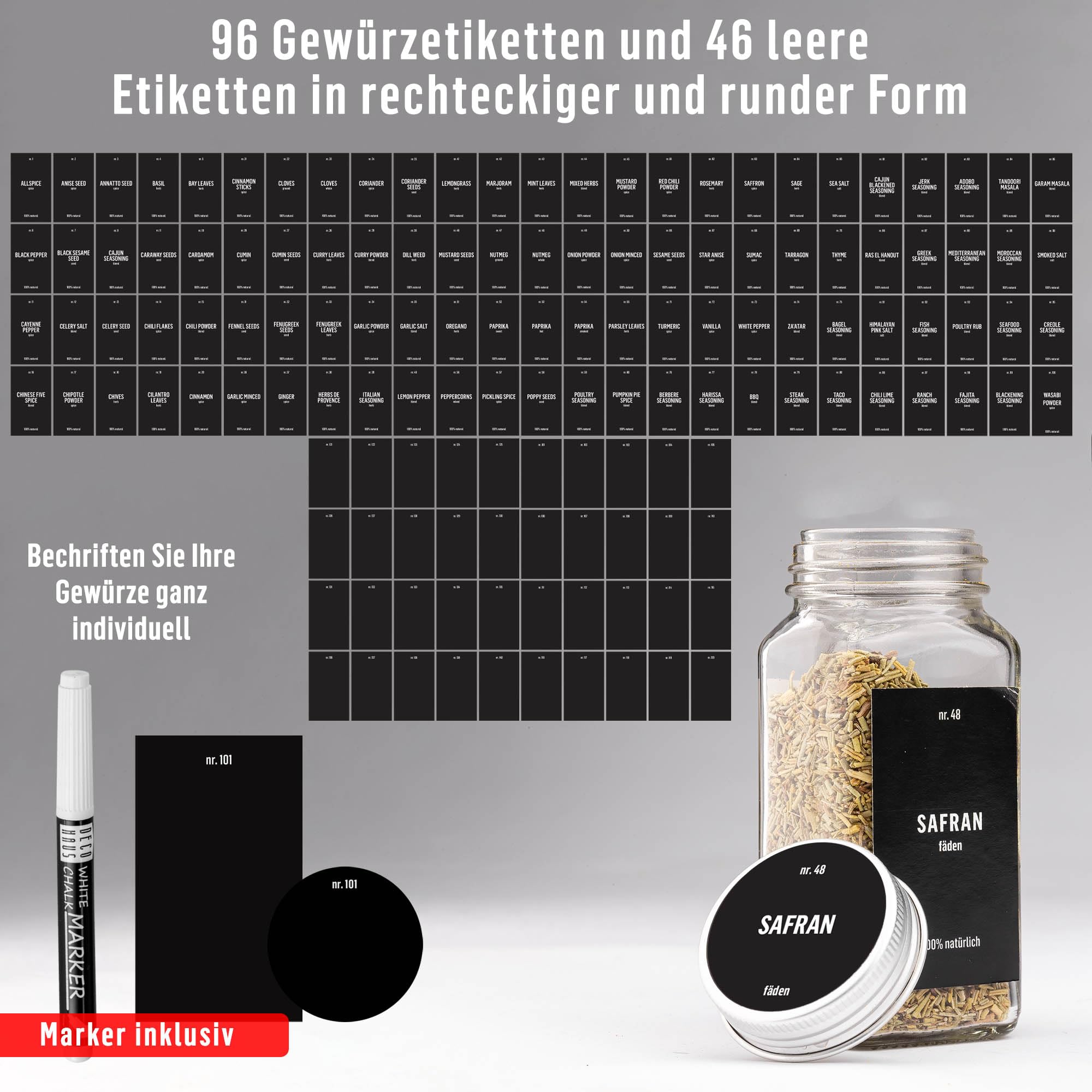 Deco haus® Gewürzgläser eckig mit Schraubkappe 12er Set [+Etiketten & Streueinsatz] - Gewürzdosen Set Glas - Gewürzbehälter Spice Jars - Gewürze Aufbewahrung - Behälter für Gewürze Gewürzaufbewahrung