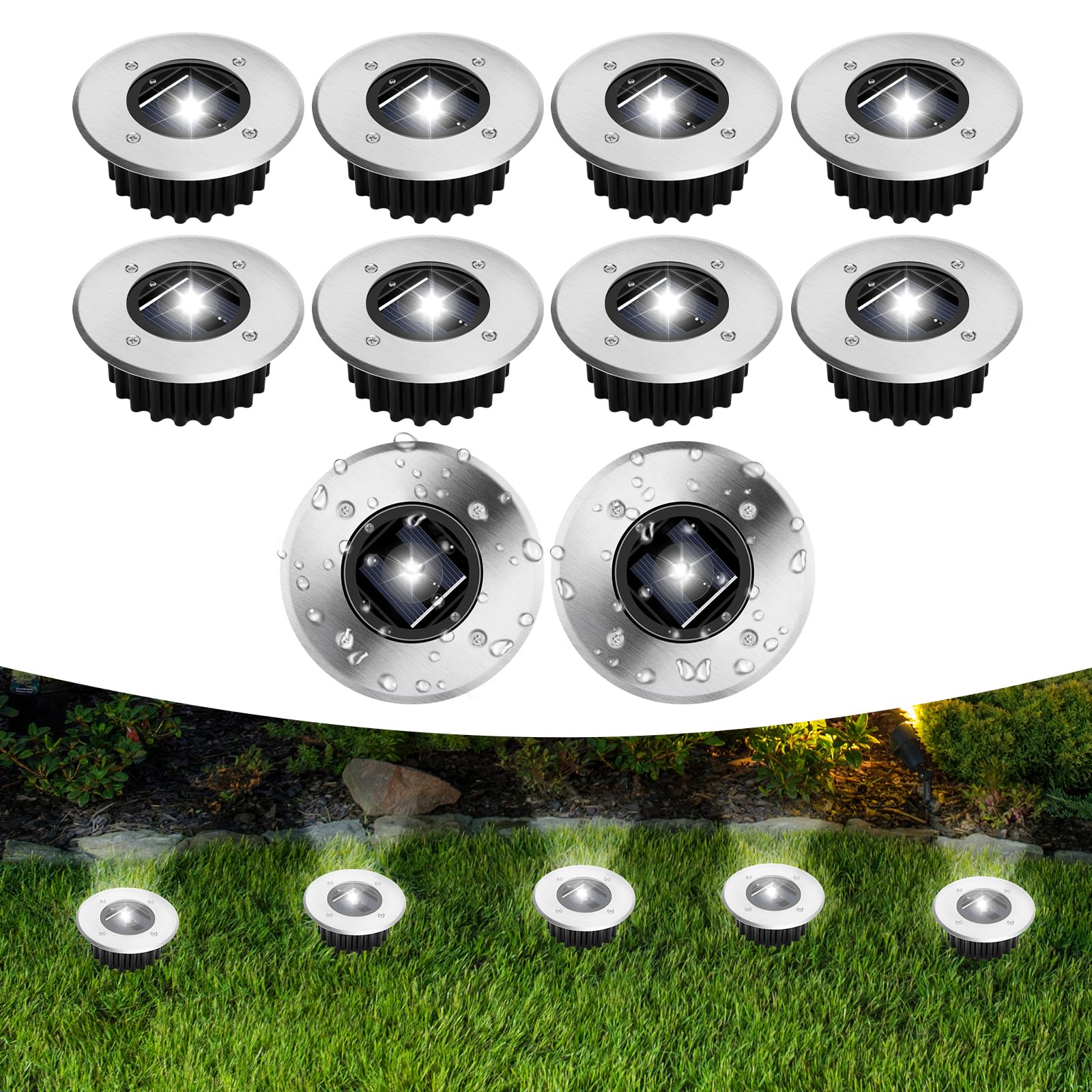 TOSHIN Lampe Solaire Au Sol Lot de 10, IP65 Lumiere Solaire Exterieur Jardin, Étanche Spot Solaire Extérieur pour Chemins Allée Pelouse Terrasse Cour Piscine, Blanc Froid, Rond