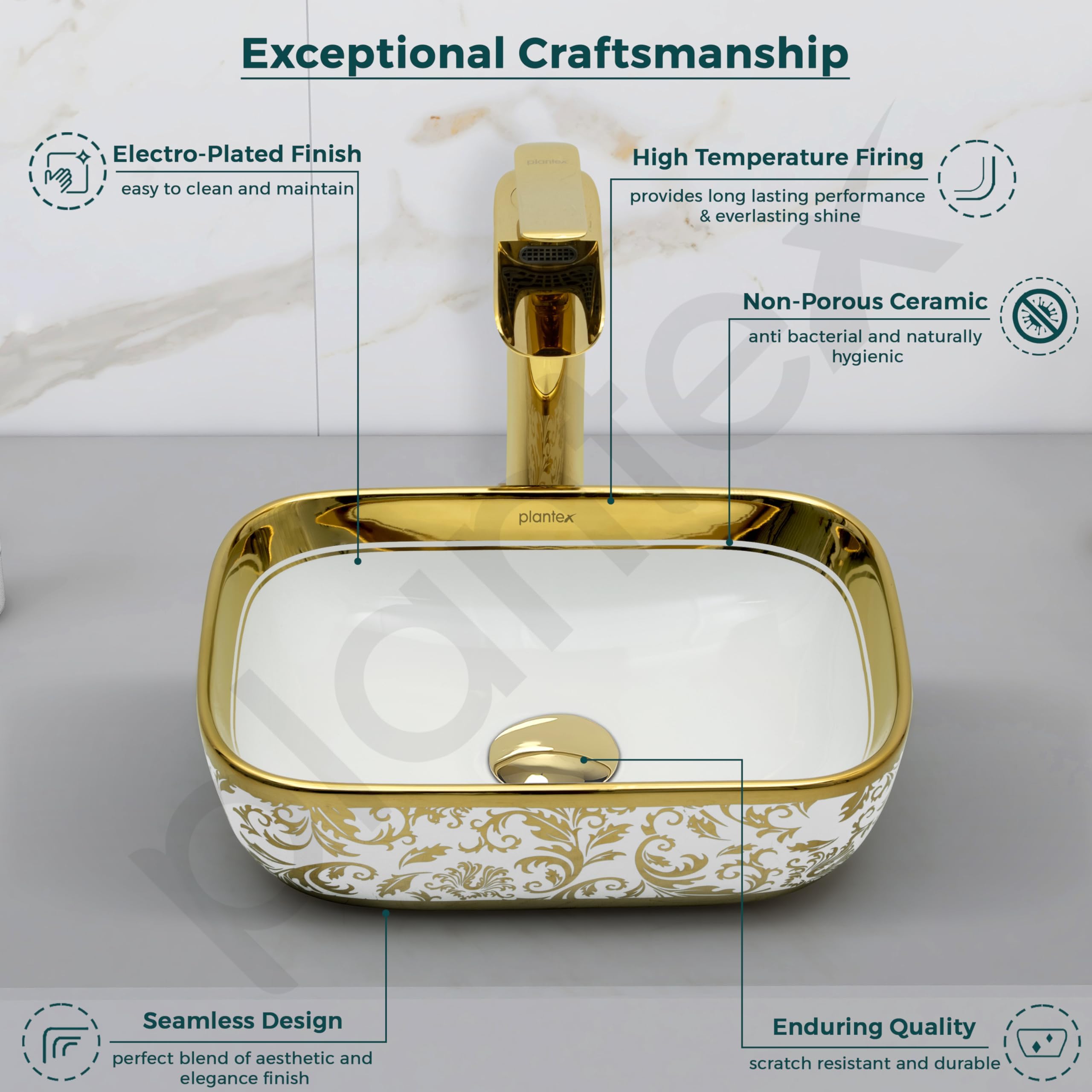Plantex Ceramic Basin for Bathroom/Designer TableTop Wash Basin/Bathroom Vessel Sink/Washbasin - White & Gold (14.1 x 9 x 5 Inch) 1