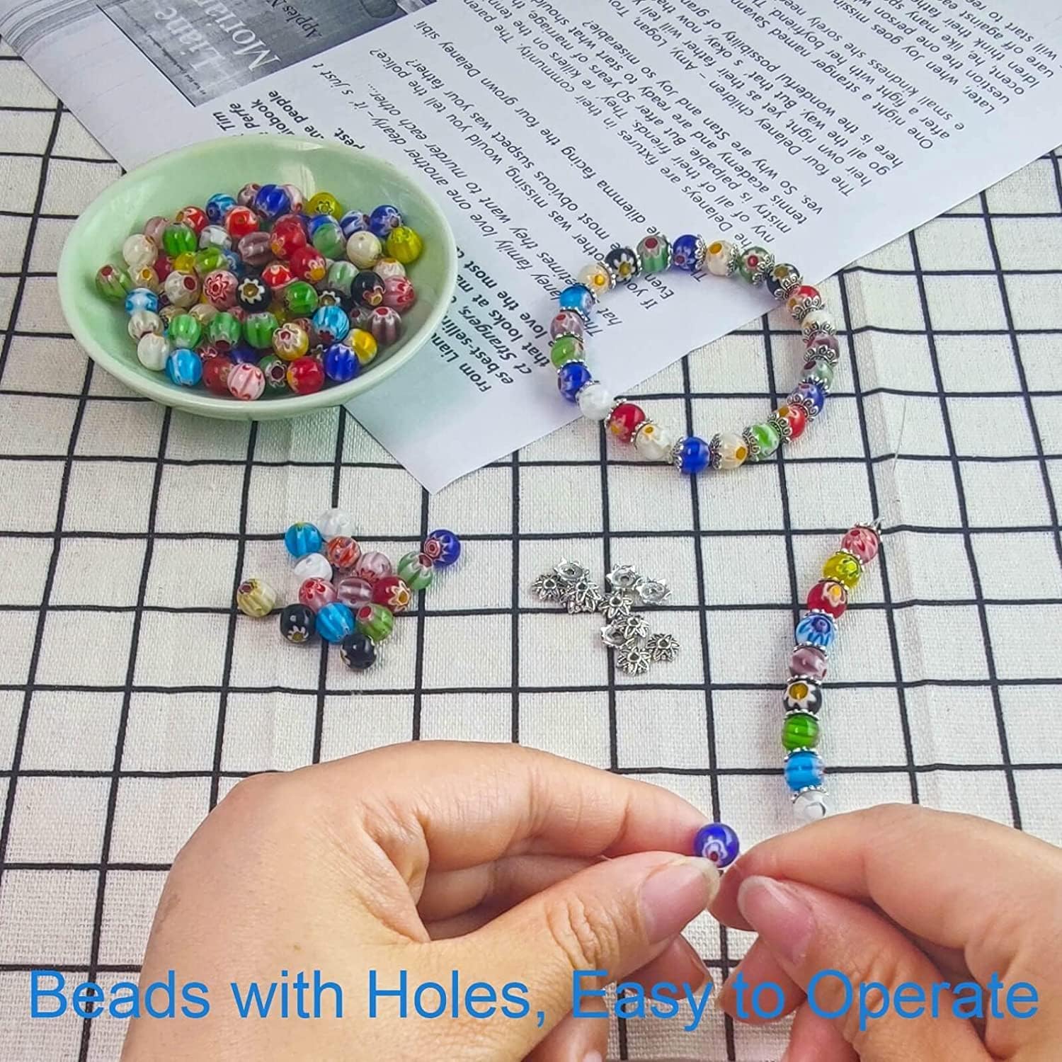 Beads for Bracelets Making Kit 8mm, Beads for Jewelry Making 100pcs, Glass Beads for Jewelry Making Exquisite Patterned, Flower Beads (GIFT: 26 Letters, Spacer Beads 20pcs, Elastic Rope 157in) 8mm 100pcs Jewelry Making Beads 8mm 100pcs Jewelry Making Beads