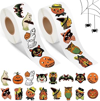 L1rabe Halloween Vintage Sticker Rolls - 1000 Piece Christmas Retro Self-Adhesive Stickers with 16 Designs, Including Pumpkin Black Cat Ghost Witche Decals for Notebooks Scrapbooking Laptop Cup