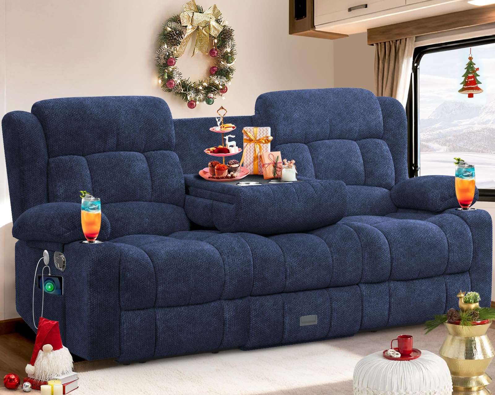 MOSGAT RV Loveseat Recliner Sofa, 3 Seater Reclining Sofa with Flip Back Console, Modern Reclining Couch with USB Ports, Cup Holders, Insert Pockets,