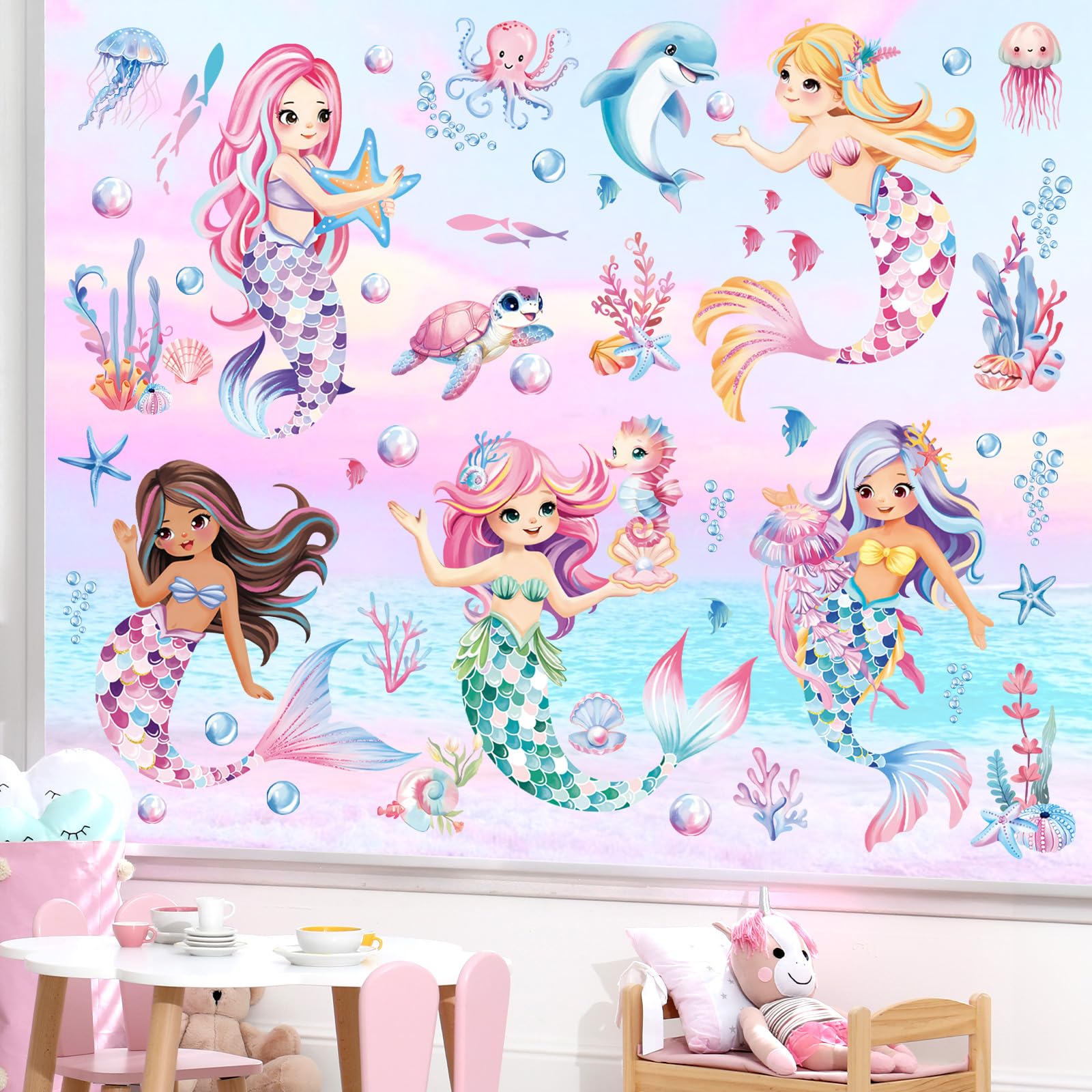 decalmile Under The Sea Mermaid Double Sided Window Clings Ocean Animal Whale Turtle Jellyfish Window Decals Anti-Collision Glass Window Doors Window Stickers