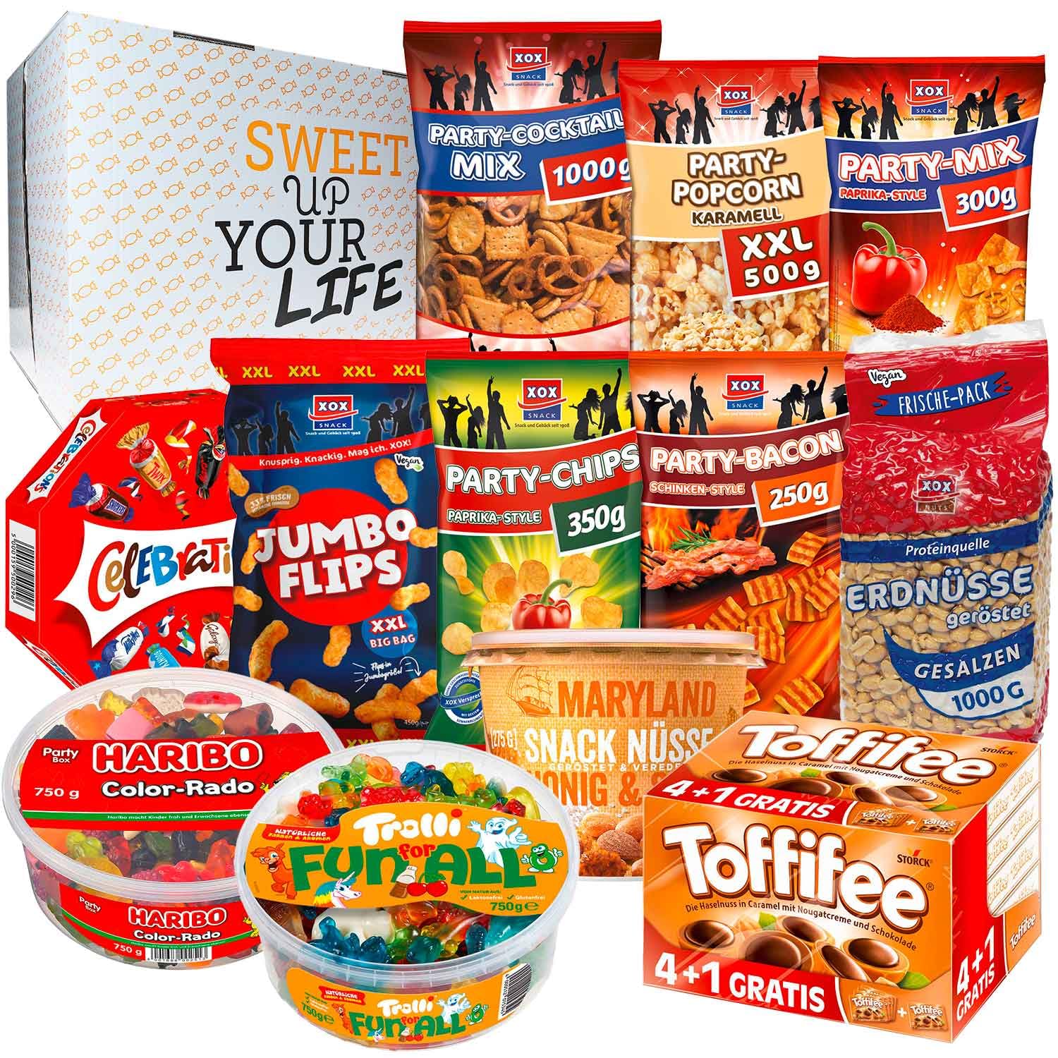 World of Sweets Party-Box XXL Snack- und Süßigkeitenbox mit Chips, Nüssen, Popcorn, Fruchtgummi und Schokolade Geschenkbox