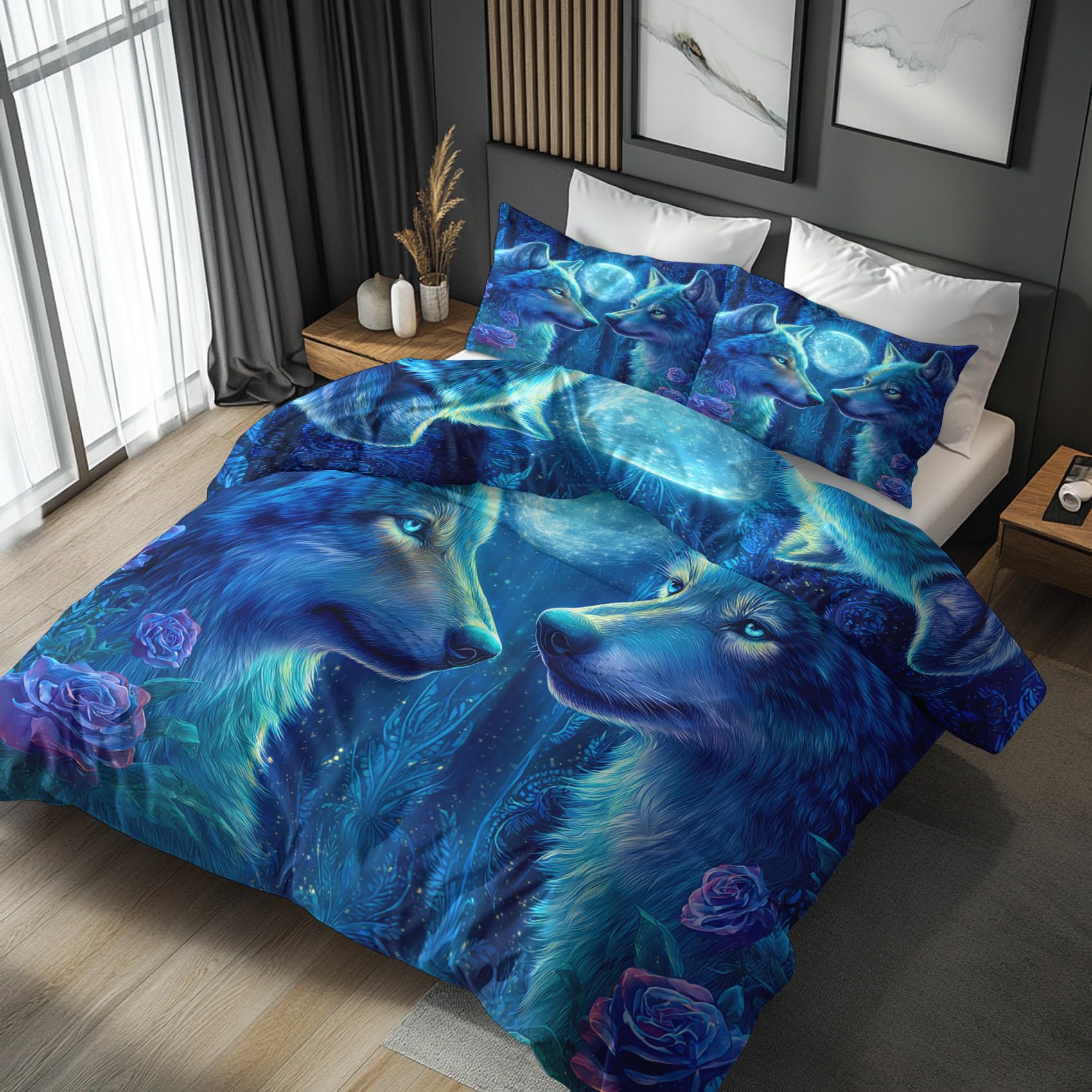 Housse de couette 220x240 loup avec parure de lit 2 personnes en microfibre