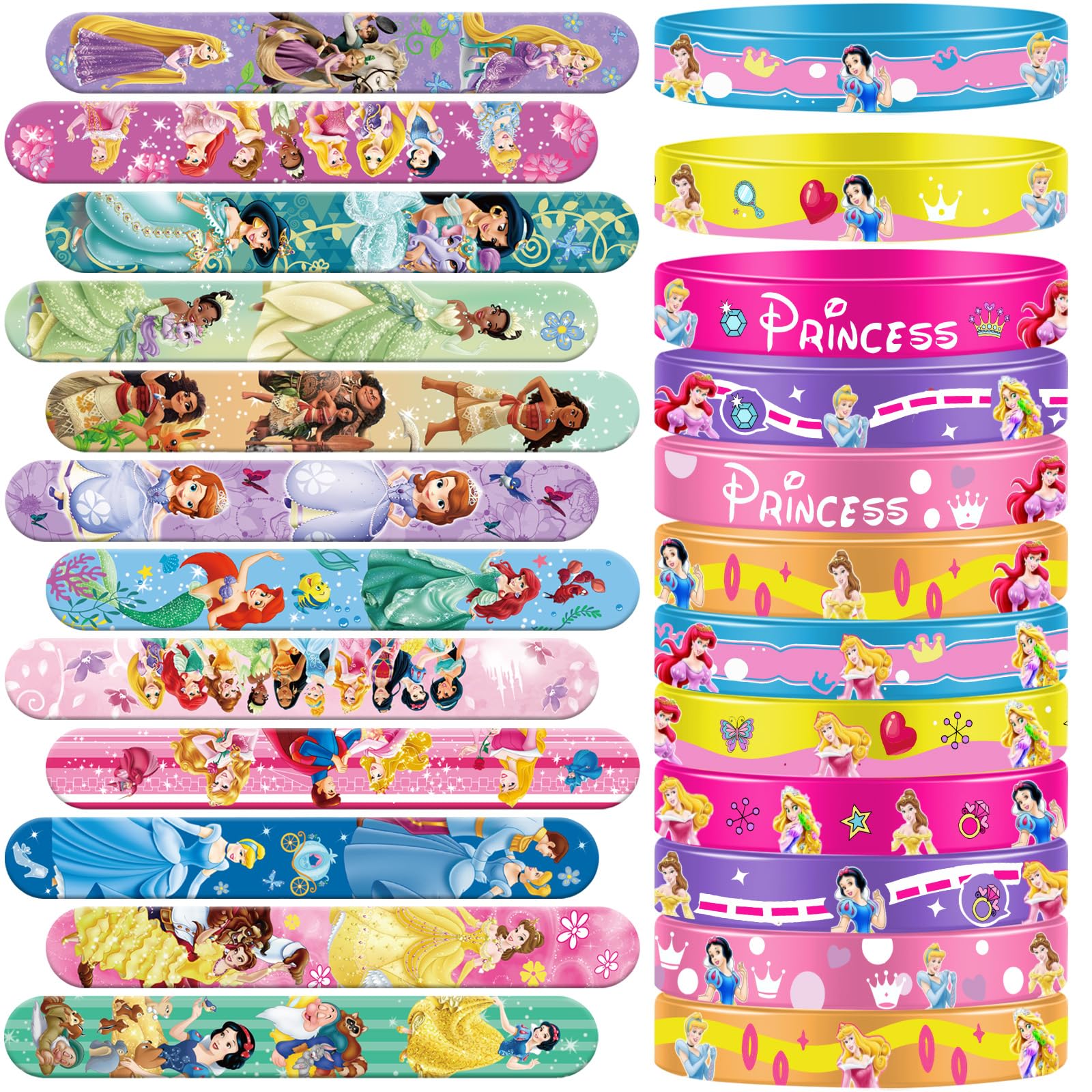 Princess Party Favors Supplies, 48 Pcs Princess Slap Bracelets Bulk & Rubber Wristbands for Goodie Bag Stuffers Fillers Silicone Wristbands for Girl Boy