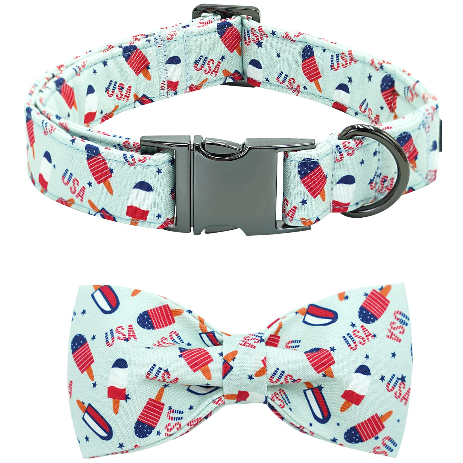 Bobo Rainbow Independence Dog Collar-USA Flag Popsicle Print Collars Adjustable Soft Pet Collar with Bow Tie Holiday Metal Buckle Cotton Puppy Collar