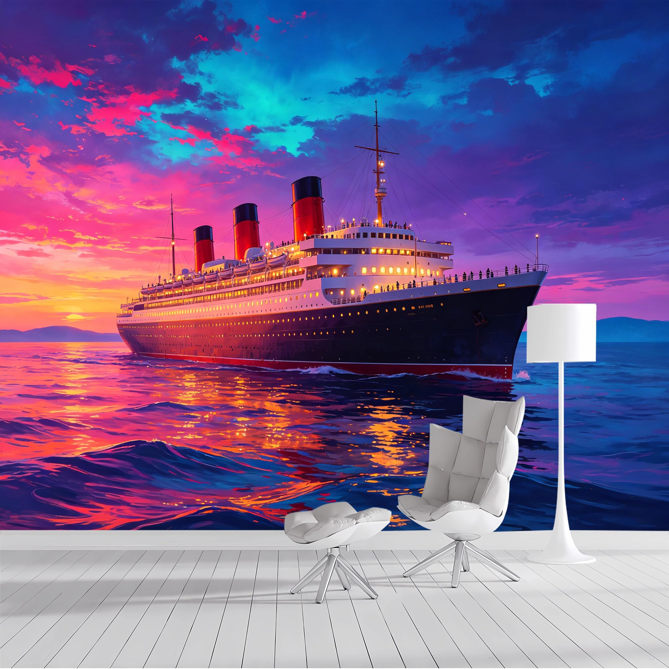 Custom Size Wall Mural Ocean Liner Sunset Seascape SelfAdhesive Wall Fabric Removable Peel and Stick Wallpaper Wall Decor for Living Room Bedroom Bathroom
