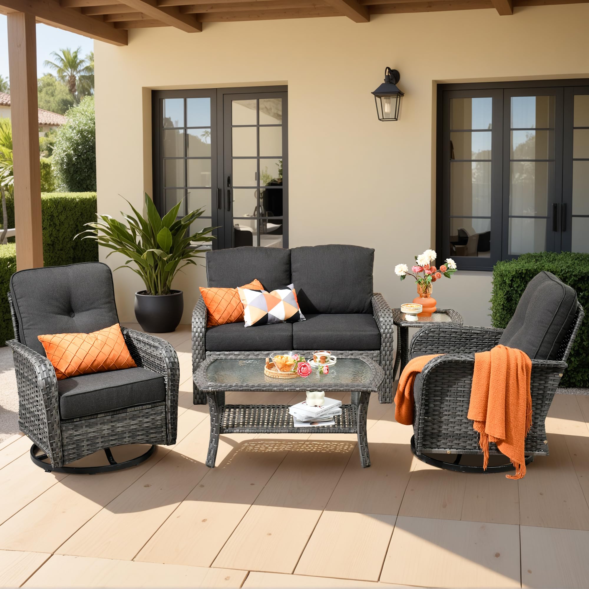 Weaxty Wicker Patio Furniture Set with Swivel Rocker Chairs Outdoor Loveseat Sofa and Rattan Coffee Table, 5 Pieces Outdoor Conversation Sets for