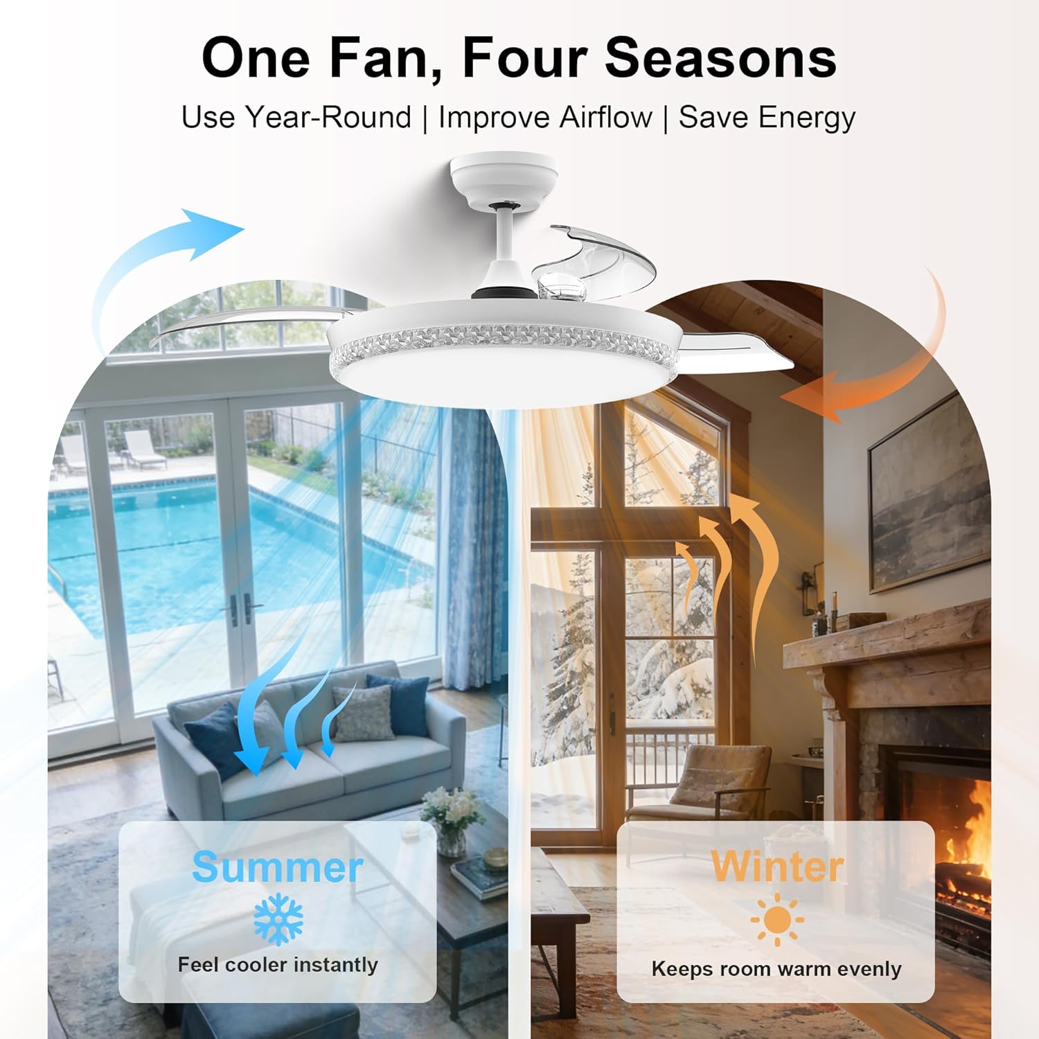 GREENEVER 44 Inch Retractable Ceiling Fan with Light and Remote, Quiet Reversible DC Motor, 3CCT Dimmable Memory LED, Modern Invisible Ceiling Fan for Bedroom Living Room, White by GRANDJOY