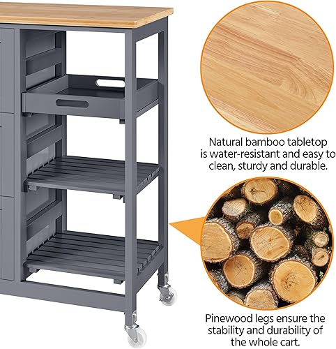 Miniatura 7 de Yaheetech Carrito de isla de cocina con ruedas con almacenamiento, carrito de barra rodante con parte superior de madera maciza y 3 cajones, 3