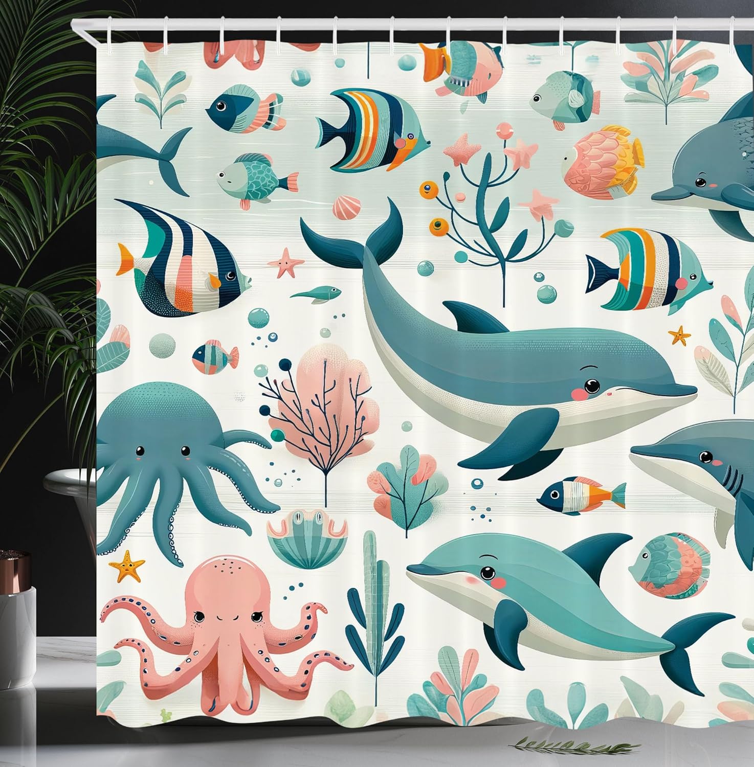 Ambesonne Fish Shower Curtain, Underwater Friends in Pastel Colors Marine Life Cartoon Octopus Dolphin, Cloth Fabric Bathroom Decor Set with Hooks, 69" W x 84" L, Cadet Blue Blush Orange