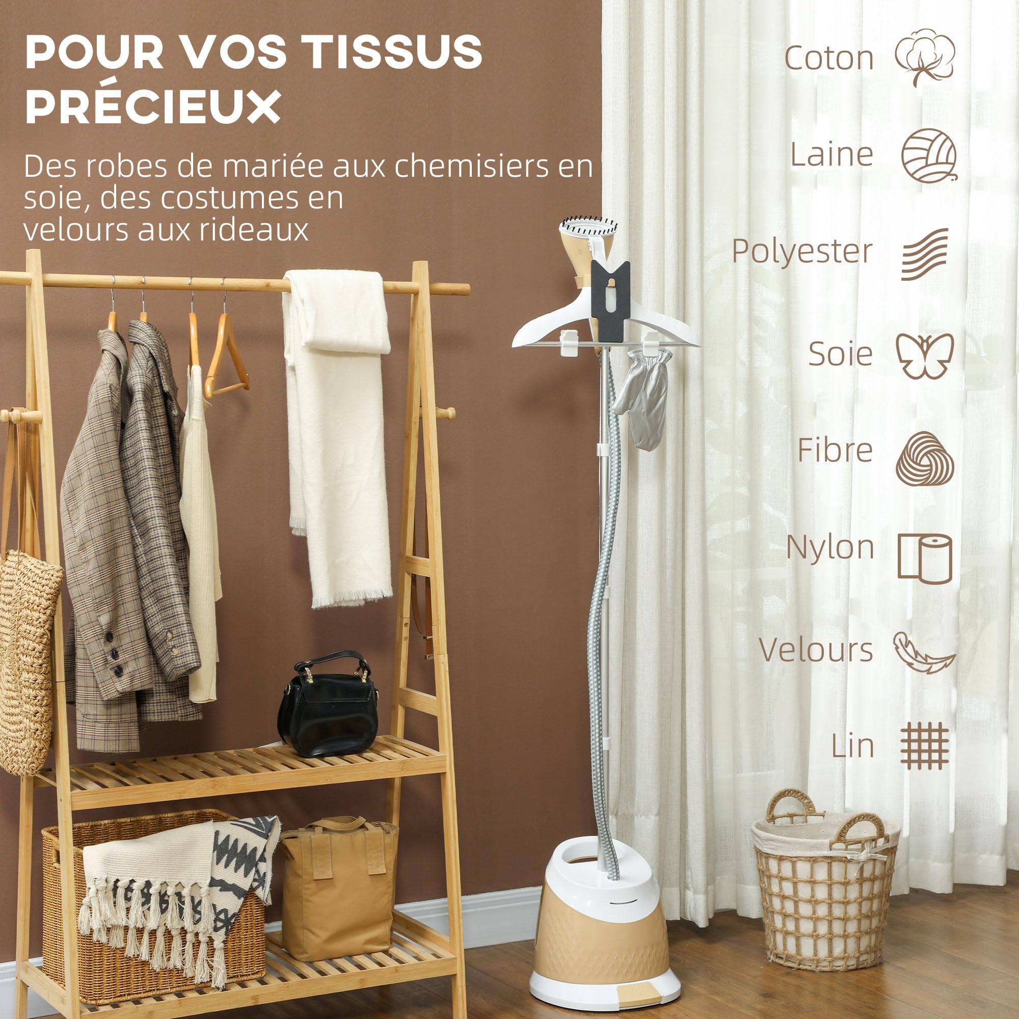 HOMCOM Défroisseur Vapeur Vertical 1800 W 36 g/min, Steamer Prêt en 35s, Repasseur avec Réservoir d'Eau 1,8 L, Tige Télescopique et Plateau Aluminium, Autonomie 50 min, Or