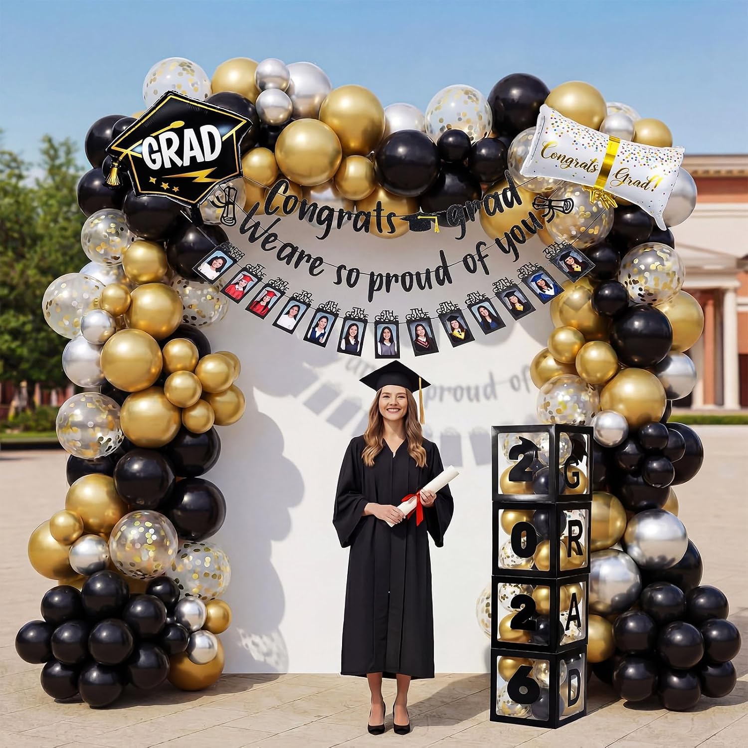 62 Pcs Graduation Party Decorations Set K-12th Grade Graduation Photo Banner Glitter Banner Balloons Grad Box for 2026 Graduate Party Decor Backdrop Supplies