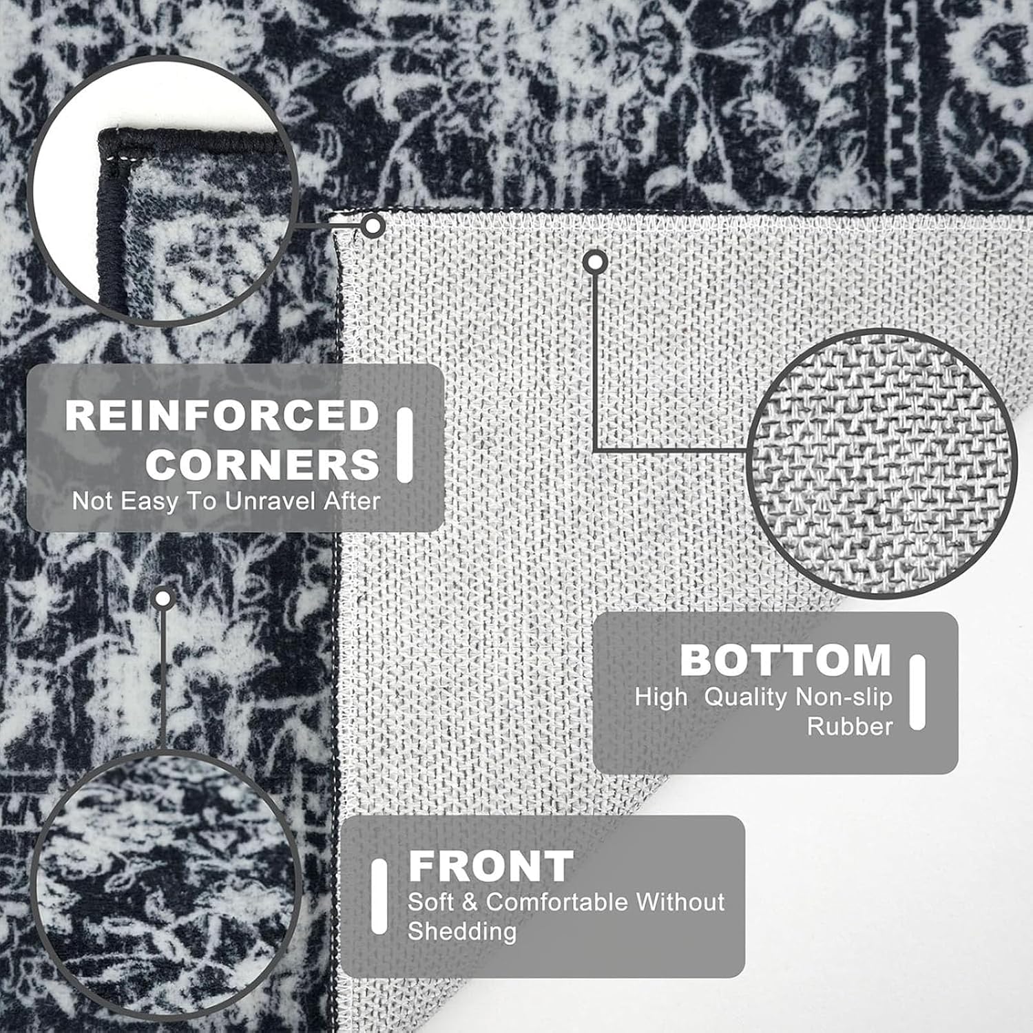 KILOCOCO Area Rug 3x5 Entryway Rug Washable Printed Vintage Floral Rubber Backed Non Slip Indoor Kitchen Rugs for Living Room Laundry Room Playroom Mudroom Moroccan Area Rugs, Black/Navy/White