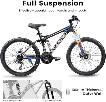 Full Suspension Mountain Bike, Front and Rear Dual Shock Absorbers, Mechanical Disc Brakes, 21-Speed, Suitable for Men and Women
