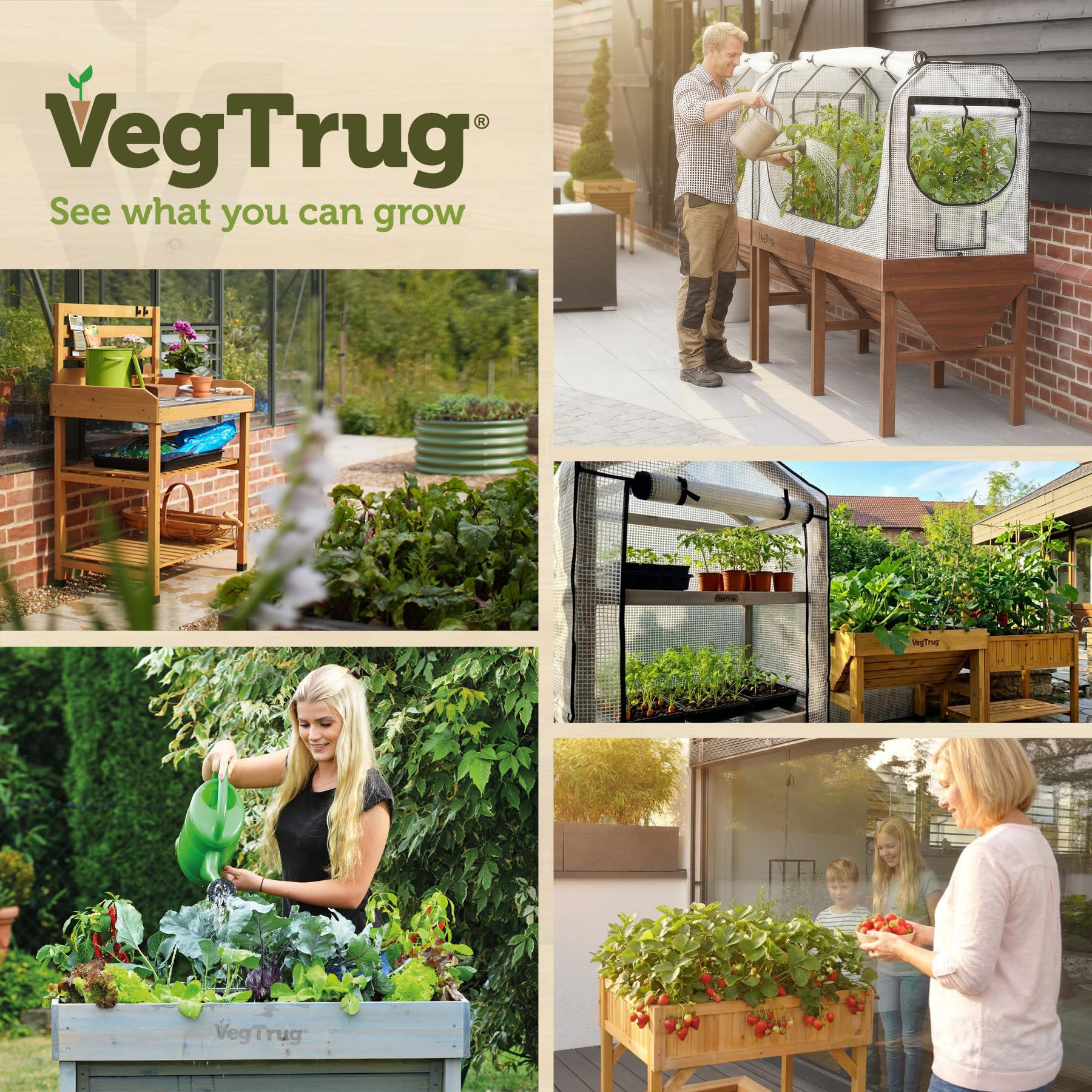 VegTrug® Mesa de Cultivo 100% Madera certificada FSC, 81 x 56 x 125 cm, Color Natural
