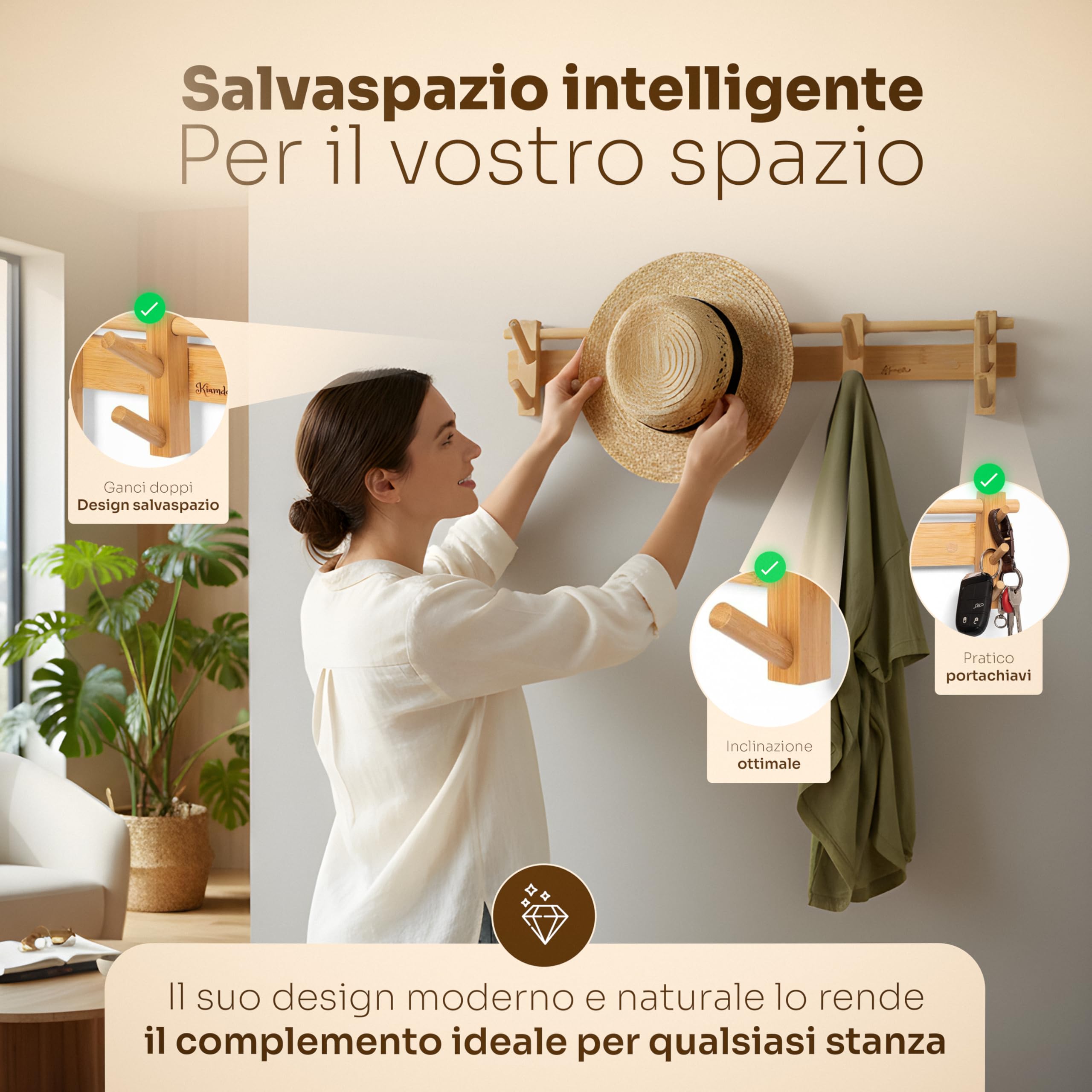 Attaccapanni da parete - 58cm - Appendiabiti da Parete Legno Ecofriendly - 4 Ganci Doppi di cui 2 Mobili - Appendiabiti da Muro - Portachiavi da Parete Design
