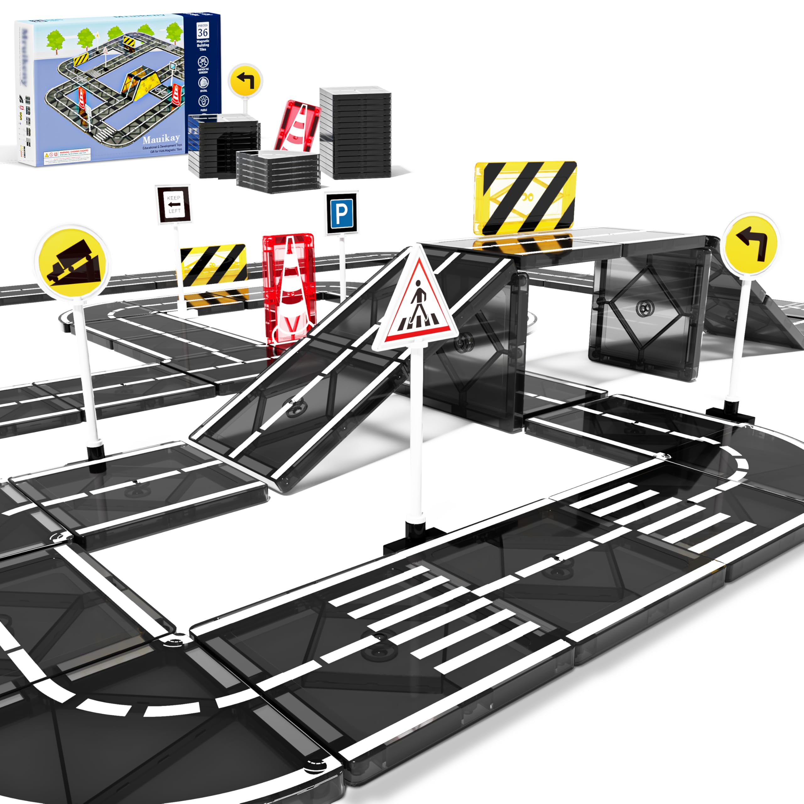 Magnetic Tiles Building Blocks for 3 4 5 6 7 8+ Years Old Boys Girls Colorful Magnet Stacking Toys Birthday Gift for Toddlers STEM Preschool Educational Construction Tiles Set (Magnetic Road)