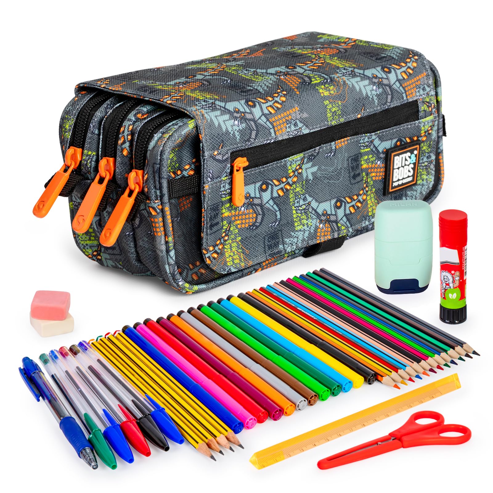 ColePack Design - Lote de Estuche Portatodo Triple con 3 Cremalleras y Material Escolar de Primeras Marcas Incluido (Rex)