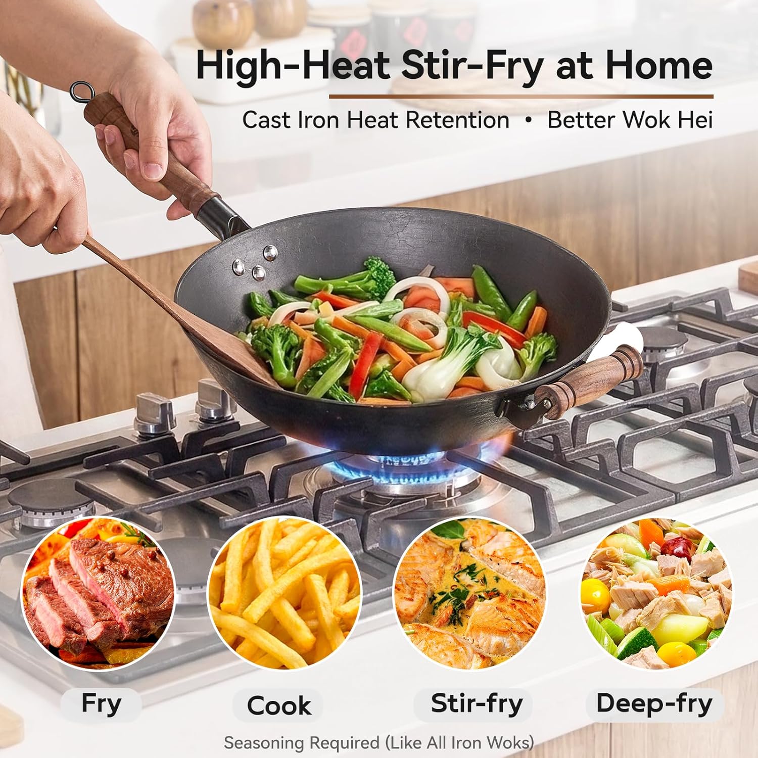 WANGYUANJI 13.4 Inch Cast Iron Wok Pan with Lid, Flat Bottom Uncoated Stir Fry Skillet, Heavy Duty Chinese Iron Pot for Family Cooking, Induction & Gas Stoves Compatible