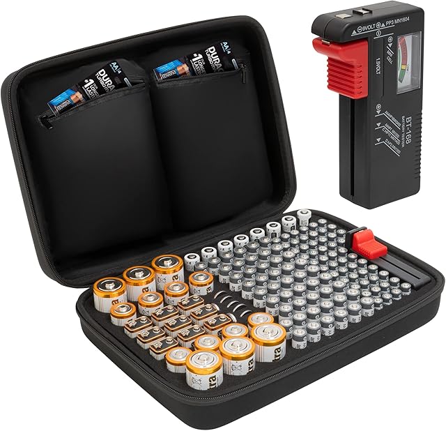 Tanness 140 Battery Case | Battery Holder with Battery Tester | Battery Organiser Storage Case Bag - Large Capacity for AAA, AA,9V, Flat Batteries, C and D Size Battery (Batteries Not Included)