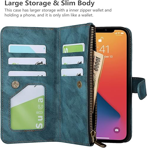 Miniatura 4 de iCoverCase Funda tipo cartera para iPhone 13 con tarjetero, 2 en 1, piel sintética, cierre magnético, bolsillo con cremallera, a prueba de golpes,