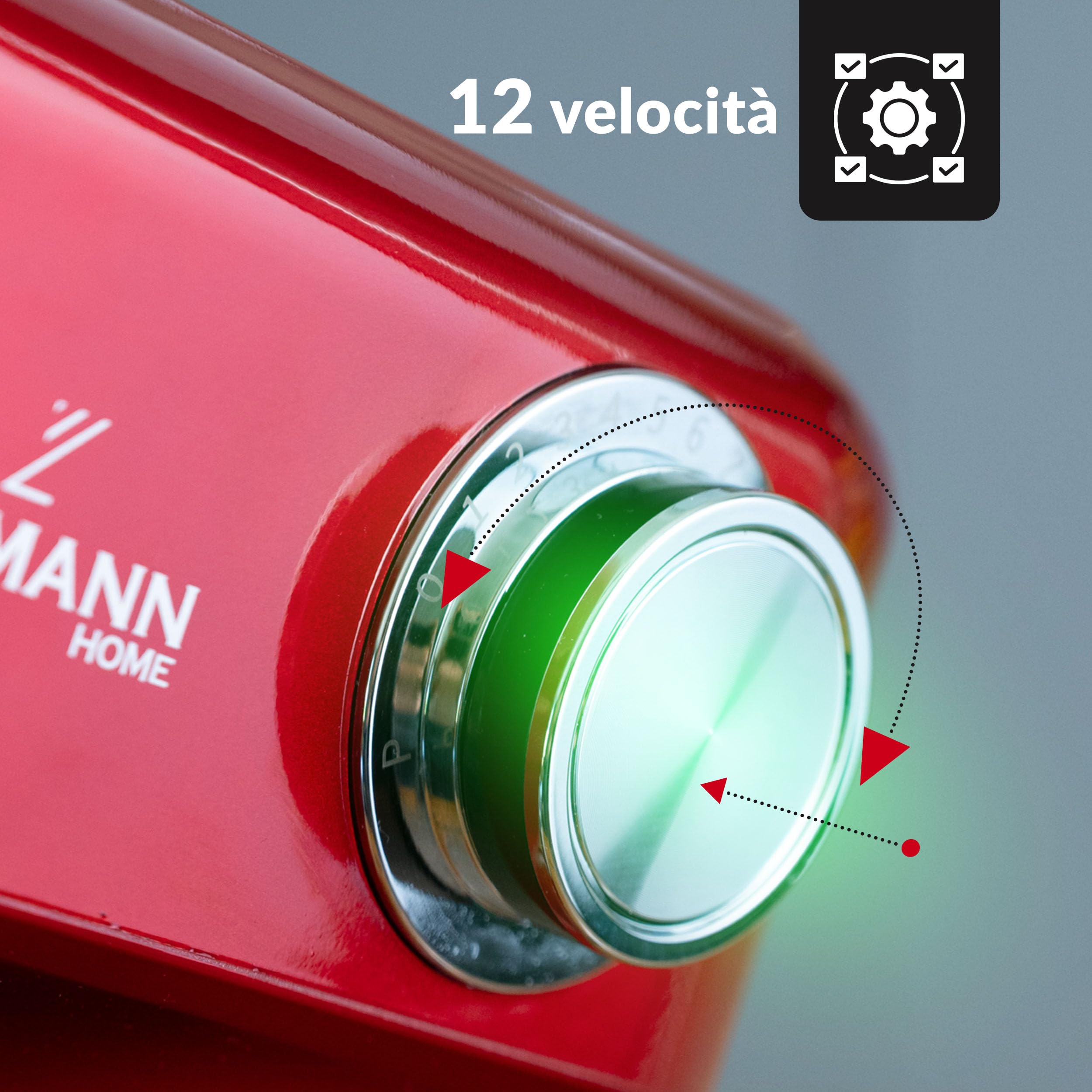 LEHMANN Impastatrice Planetaria con 12 Velocità, Ciotola 5 L, Accessori - Frusta, Gancio Impastare e Mescolatore, ideal Impastatrice per Pizza, Pane e Dolci, Rosso